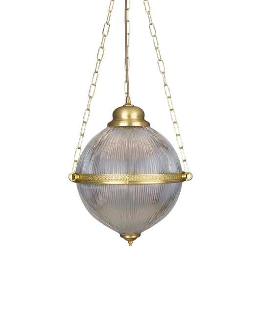 Glass Pendant Light brass and glass globe, prismatic shade, adjustable chain, elegant entryway or dining lighting