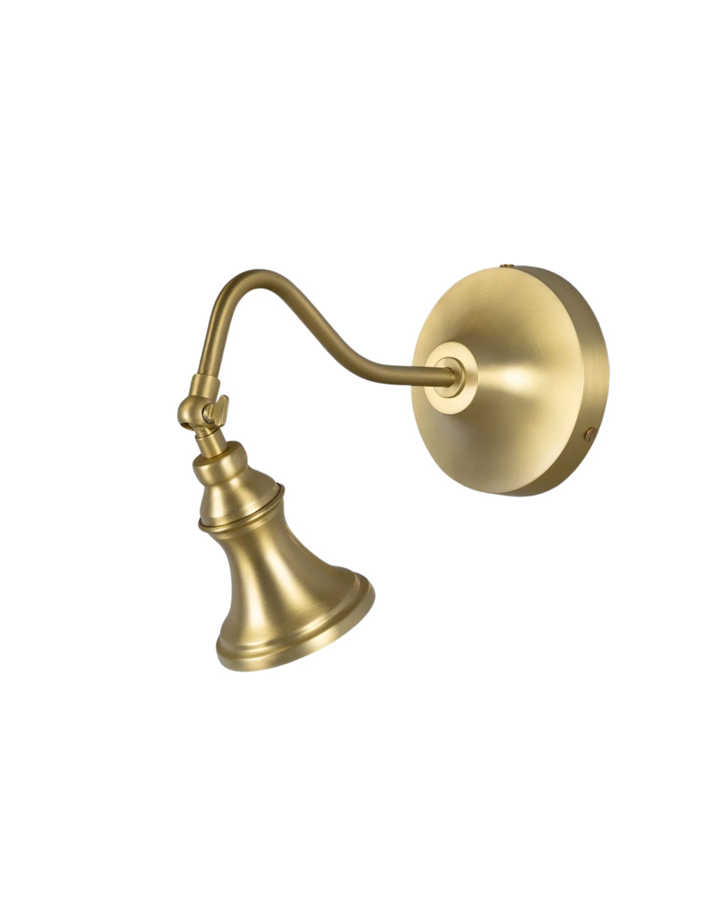 Wall Light adjustable brass spotlight with flared shade and curved arm, designed to highlight artwork, architectural details, or accent lighting in dry interior spaces.