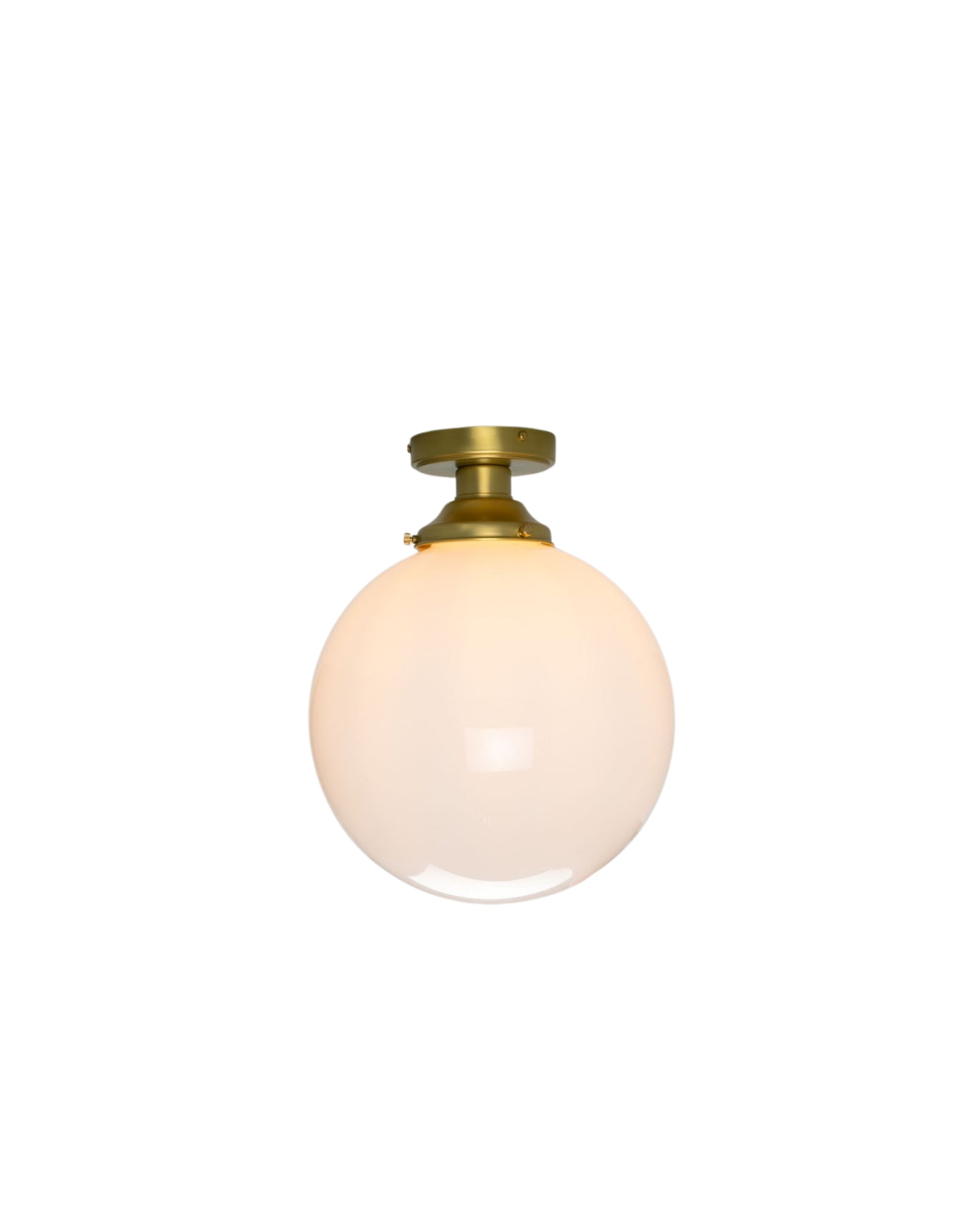 Opal glass globe ceiling light with brass fittings, flush mount, ambient lighting for hallways, kitchens, and bedrooms.