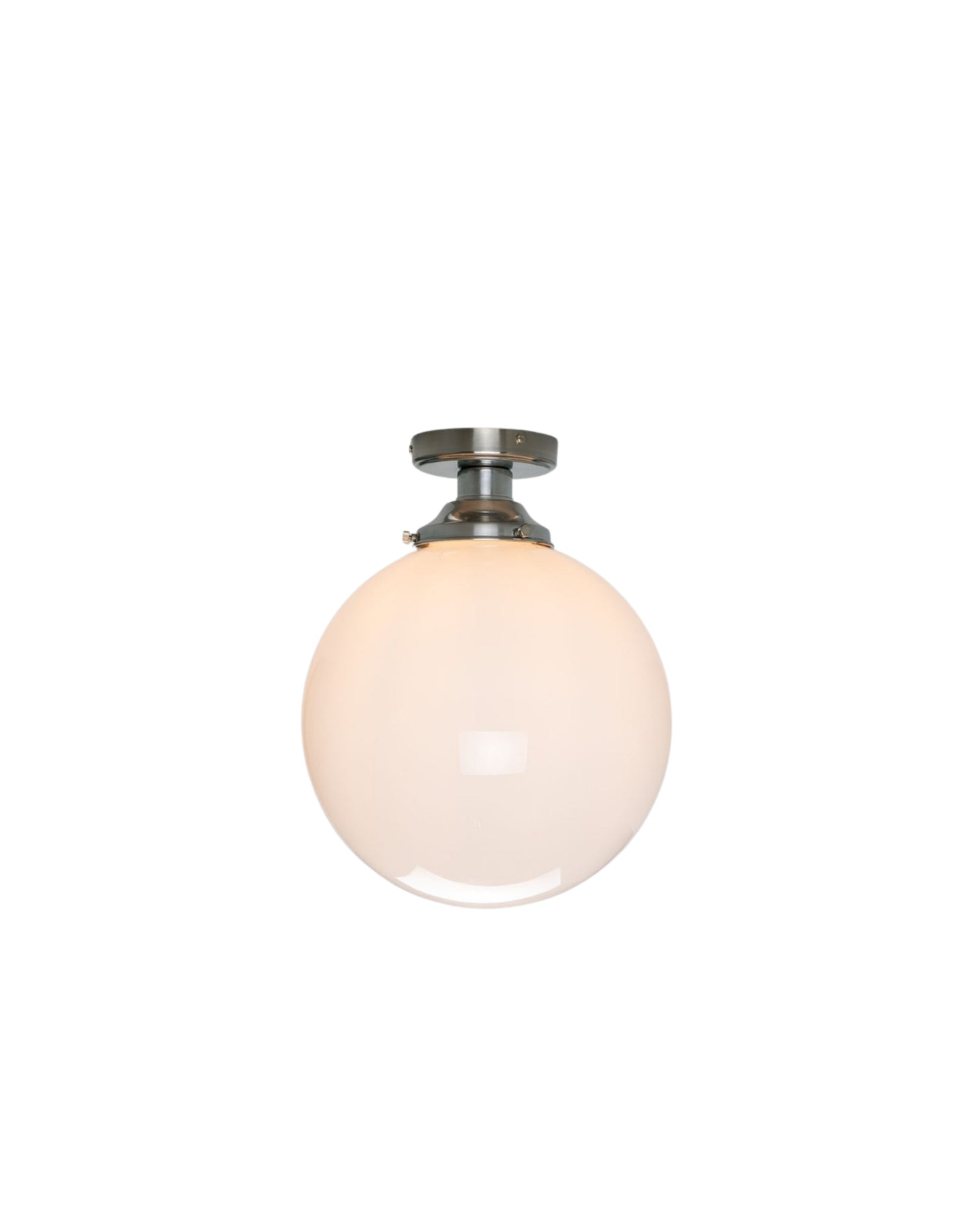 Opal glass globe ceiling light with brass fittings, flush mount, ambient lighting for hallways, kitchens, and bedrooms.