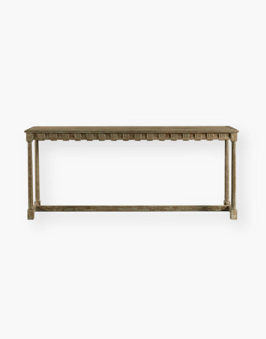 Console table with a seaside finish, center stretcher and detailed fretwork on both sides for use as a sofa table or floating option.
