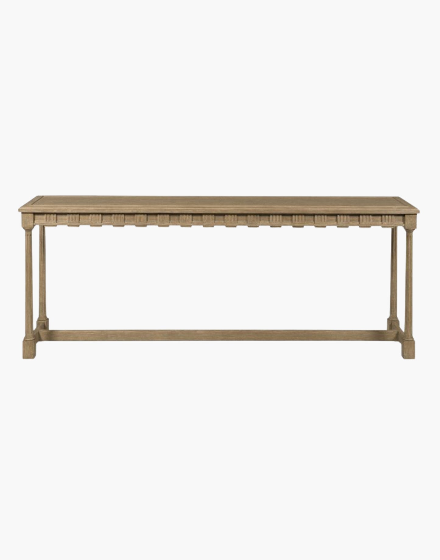 Coastal console table with seaside finish featuring intricate fretwork on both sides and a center stretcher, perfect as a sofa table or a floating entryway accent piece.