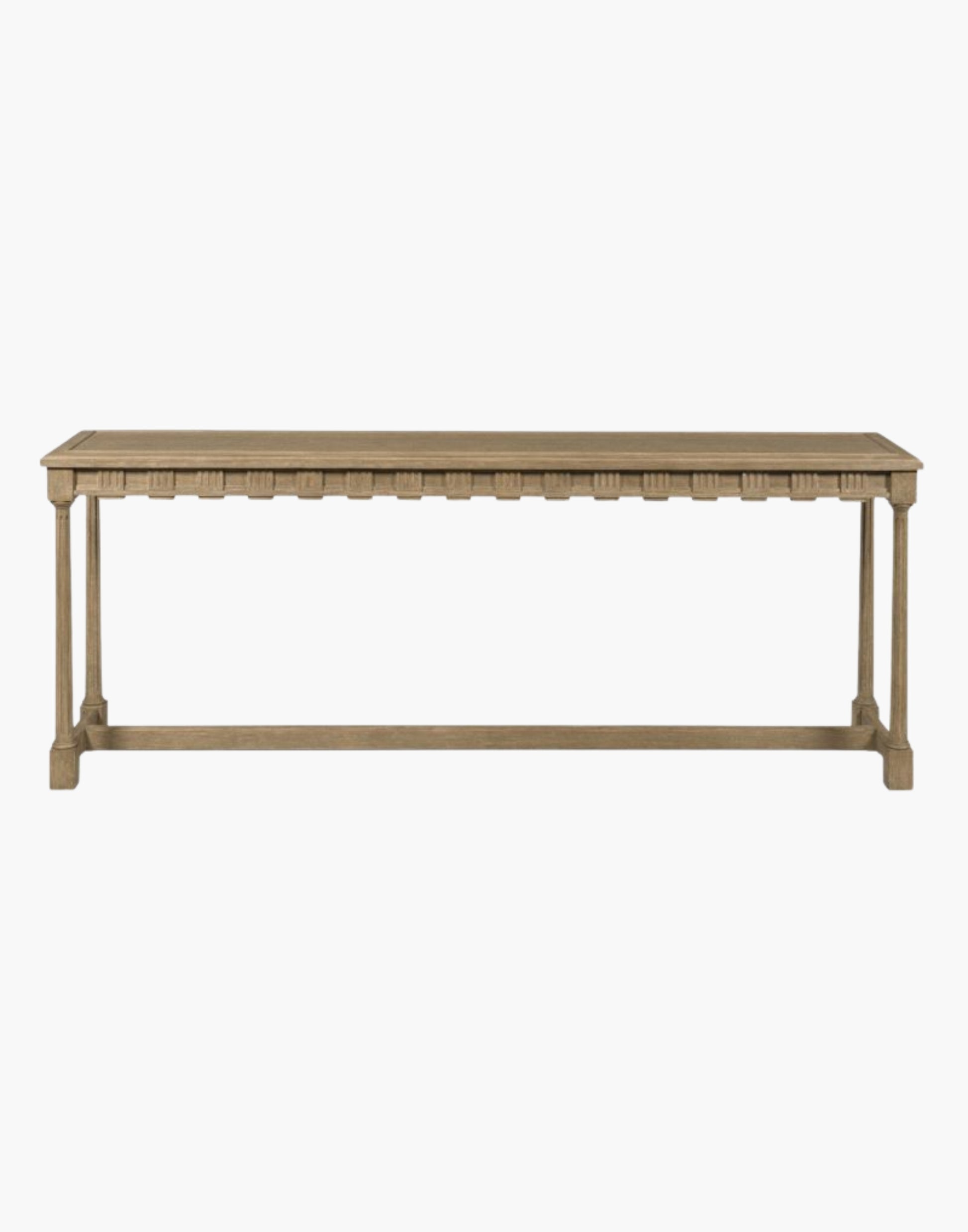 Coastal console table with seaside finish featuring intricate fretwork on both sides and a center stretcher, perfect as a sofa table or a floating entryway accent piece.