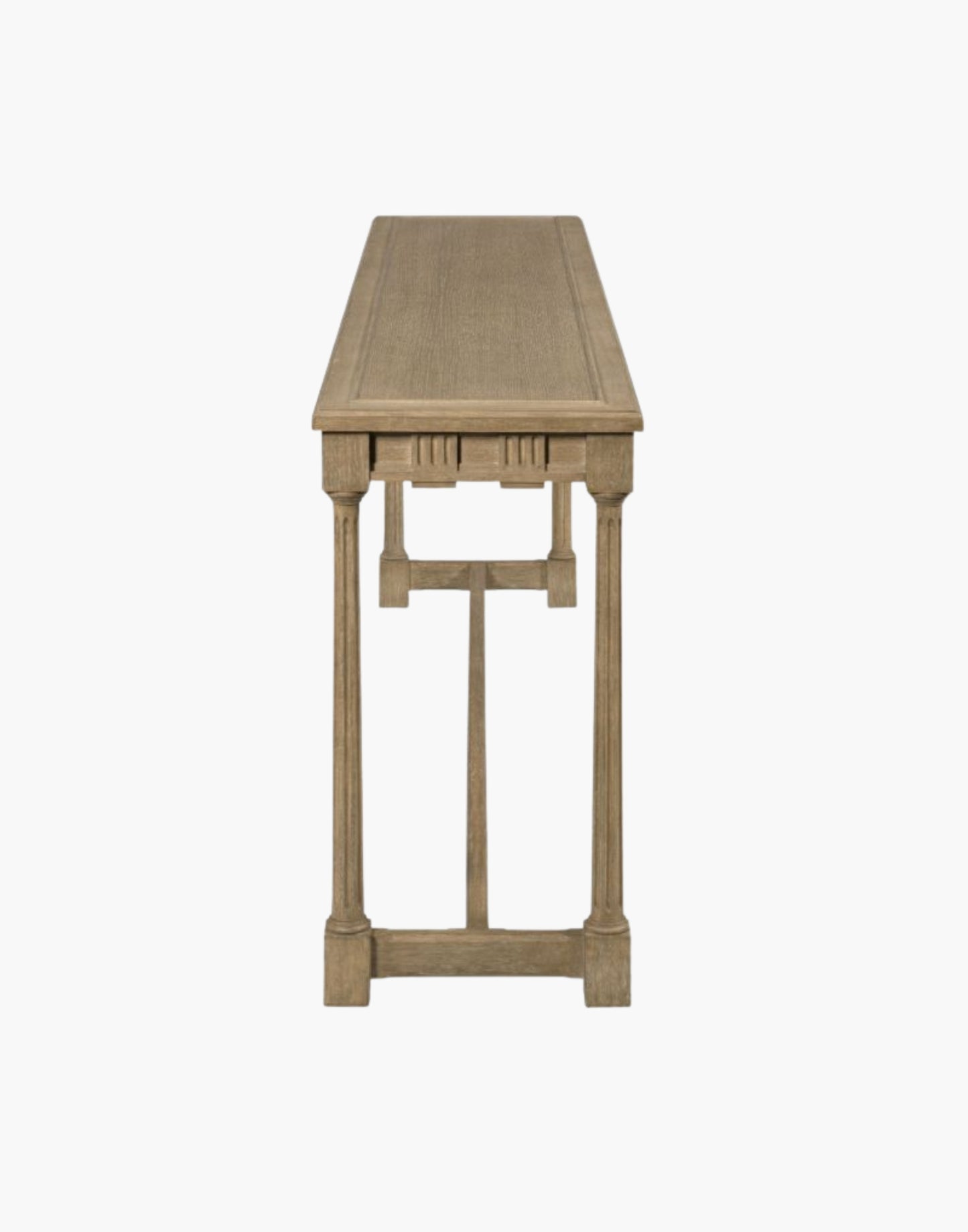 Coastal console table with seaside finish featuring intricate fretwork on both sides and a center stretcher, perfect as a sofa table or a floating entryway accent piece.