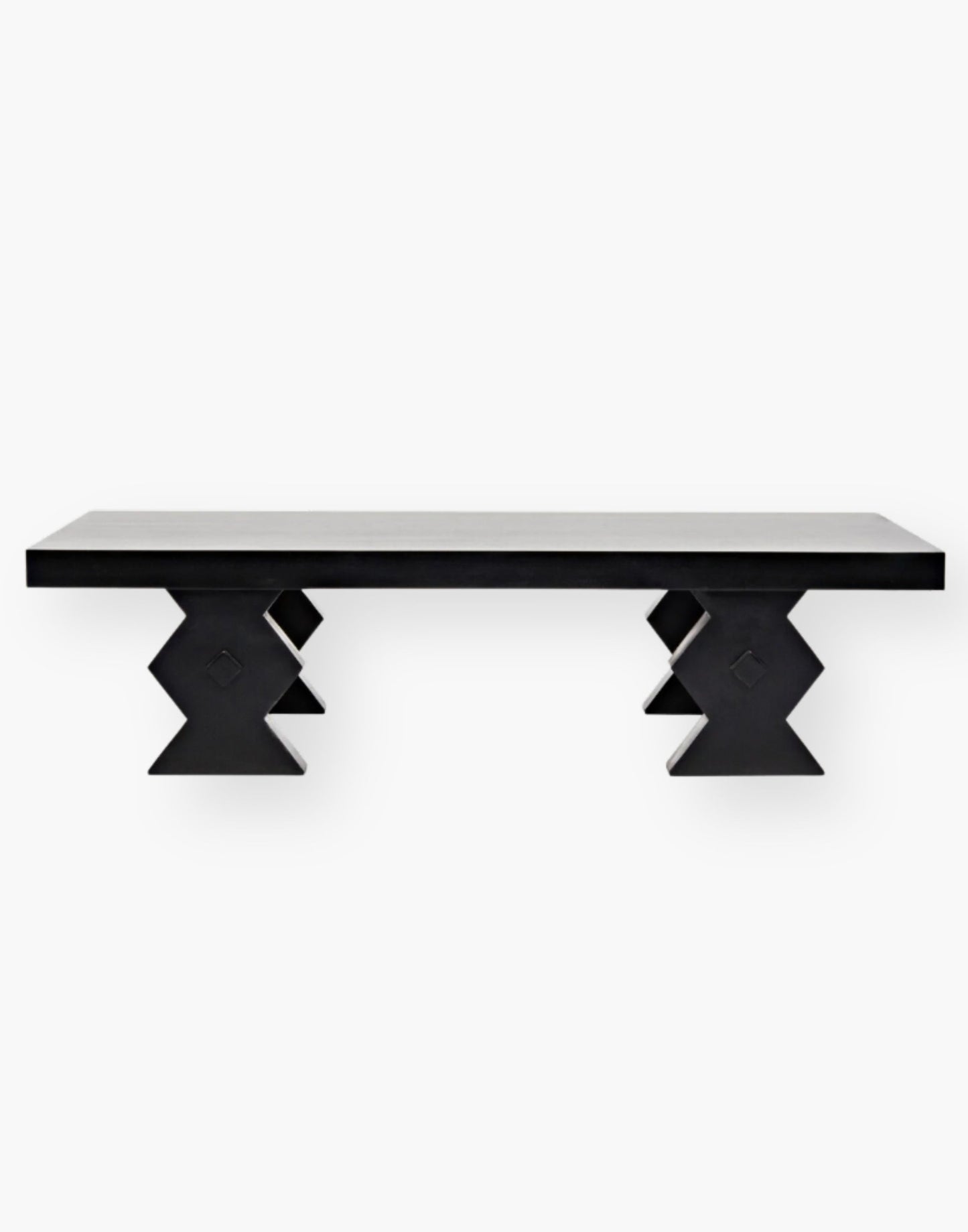  Hand-carved mahogany with unique angled legs and hand-rubbed black finish.