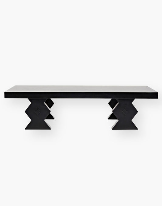  Hand-carved mahogany with unique angled legs and hand-rubbed black finish.