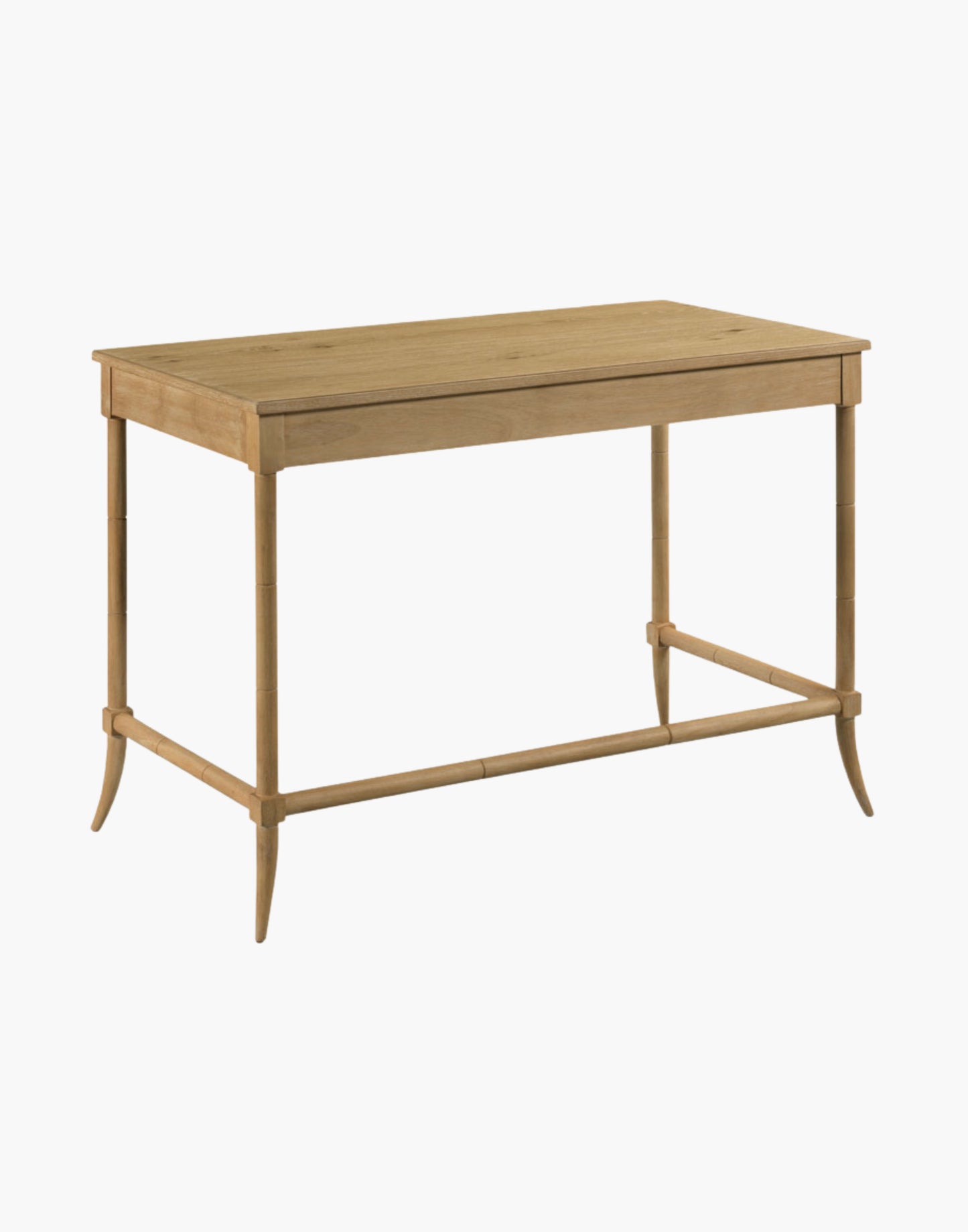 writing table with quartered oak top, faux bamboo turned legs, and apron drawer in limewash finish.