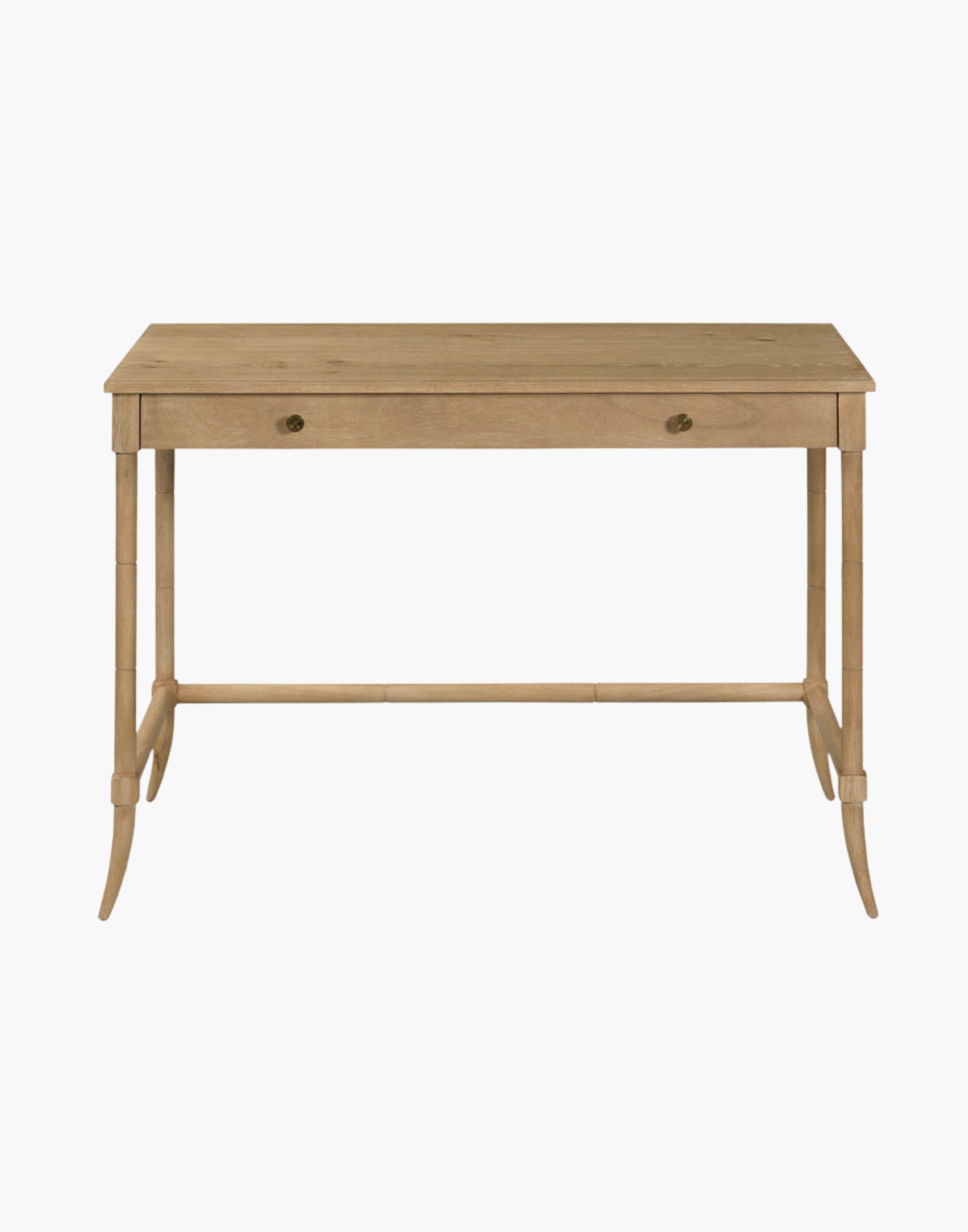 writing table with quartered oak top, faux bamboo turned legs, and apron drawer in limewash finish.