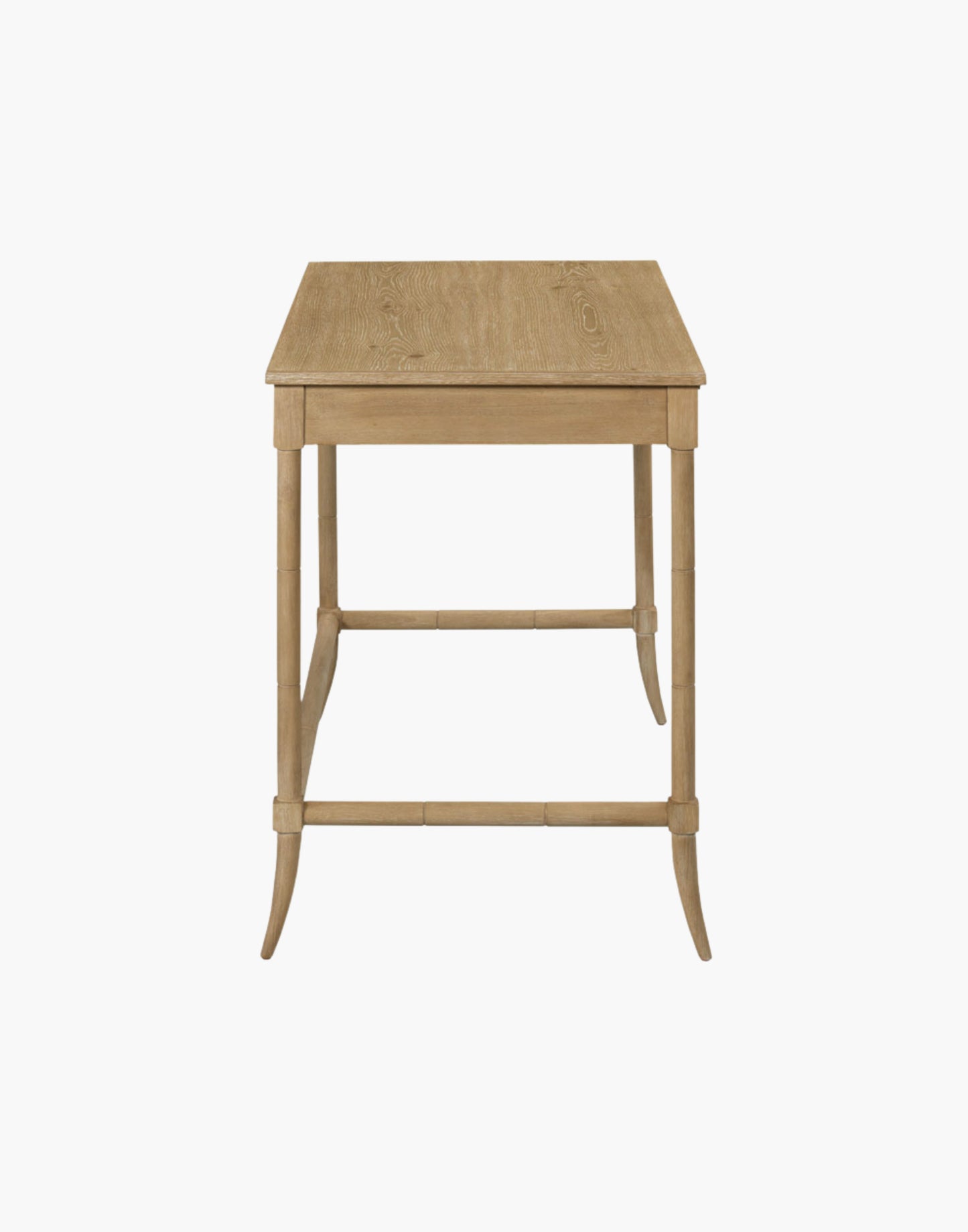 writing table with quartered oak top, faux bamboo turned legs, and apron drawer in limewash finish.