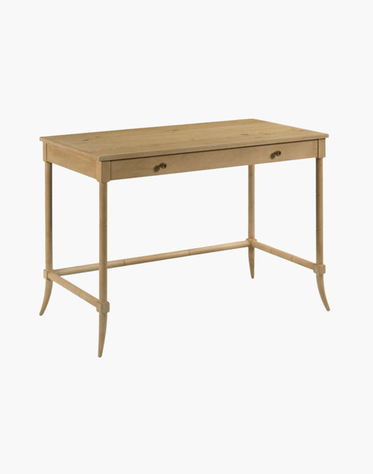 Writing table with quartered oak top, faux bamboo turned legs, and apron drawer in limewash finish.