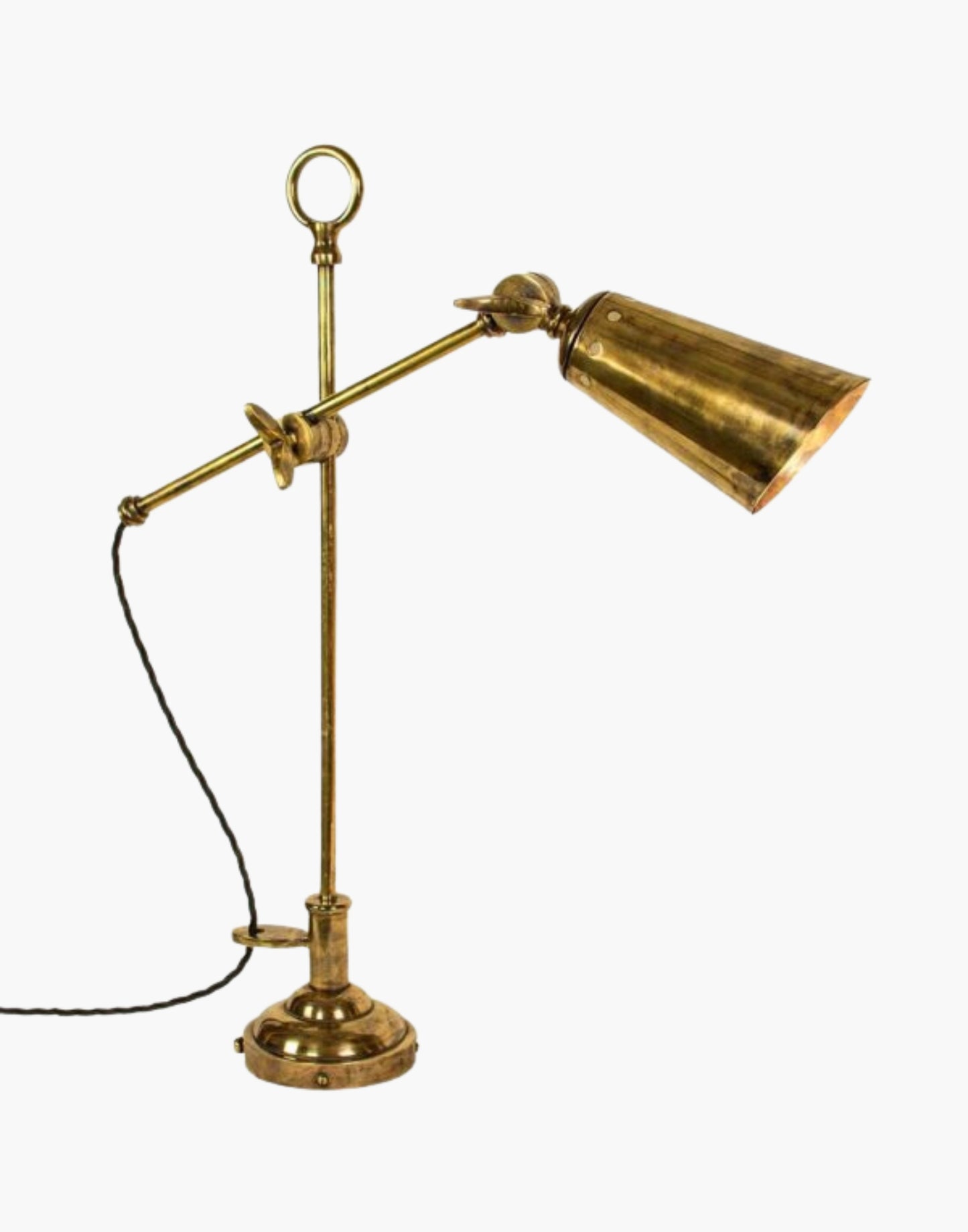 Distressed Finish Nautical Steamer Table Lamp: Heavy machined brass fixture inspired by SS Columbus ocean liner. Ideal for bedrooms or reading areas.