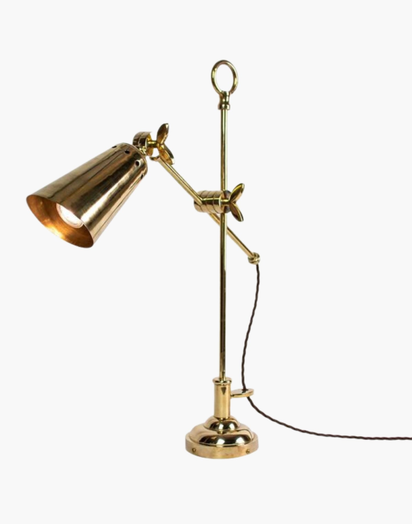 Unlacquered Natural Finish Nautical Steamer Table Lamp: Heavy machined brass fixture inspired by SS Columbus ocean liner. Ideal for bedrooms or reading areas.