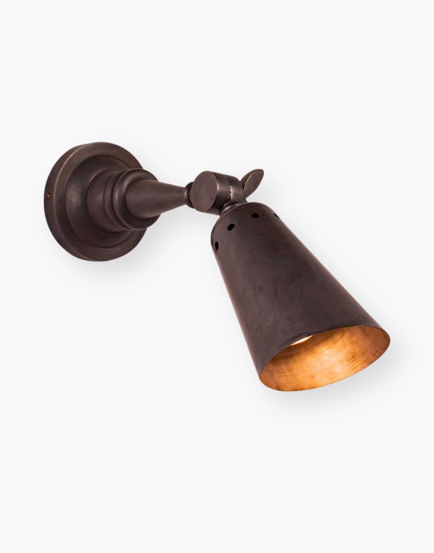 Wall Light in Heavy Machined Brass. Adjustable vertical swivel. Available in various finishes with optional wall plate push switch