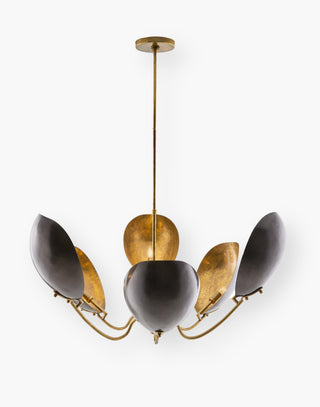 Chandelier with bronze brass shell-shaped shades, lined in antique brass with a frame and pipe constructed in antique brass.