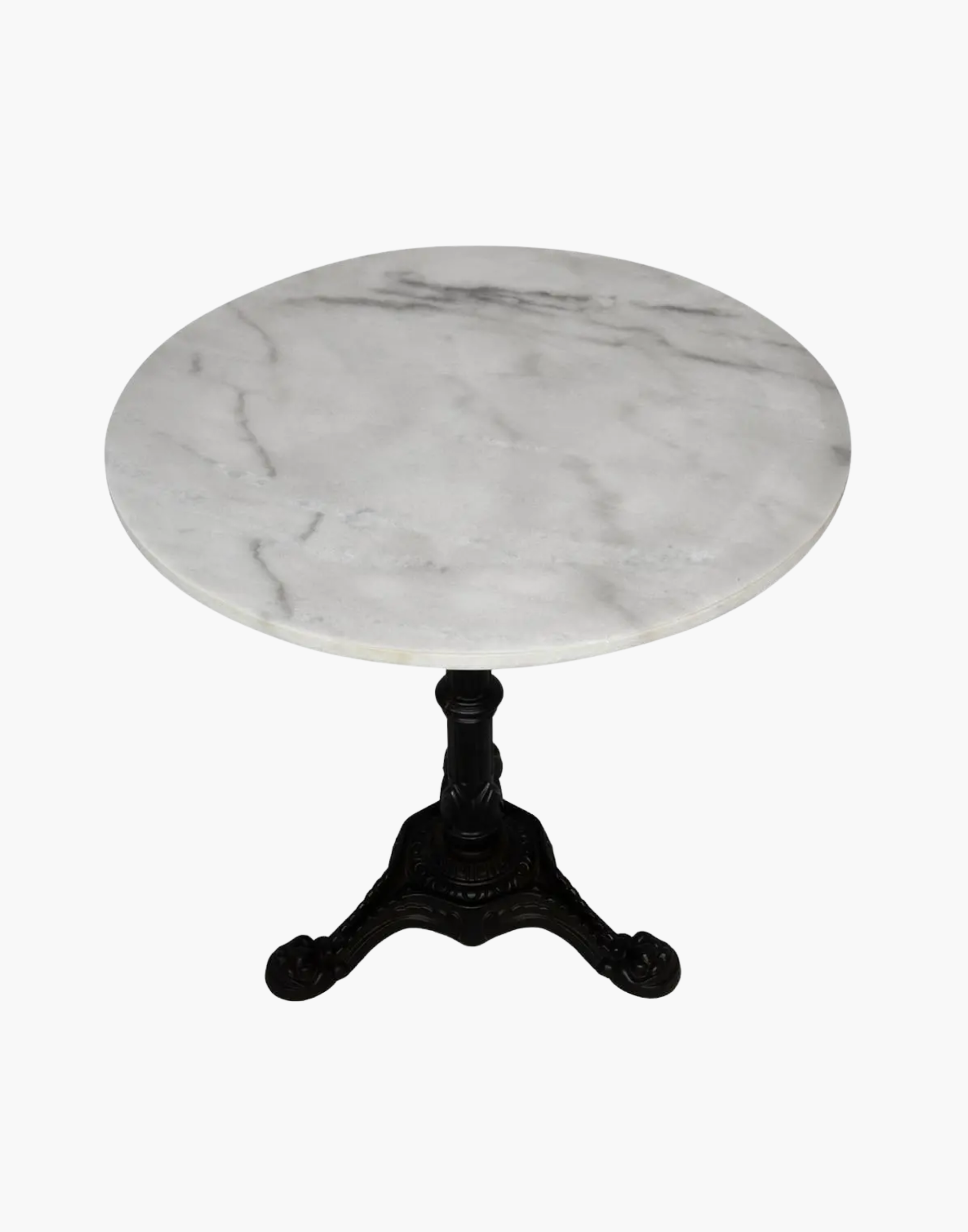 marble café table with round Bianco Crown marble top and black teardrop iron base