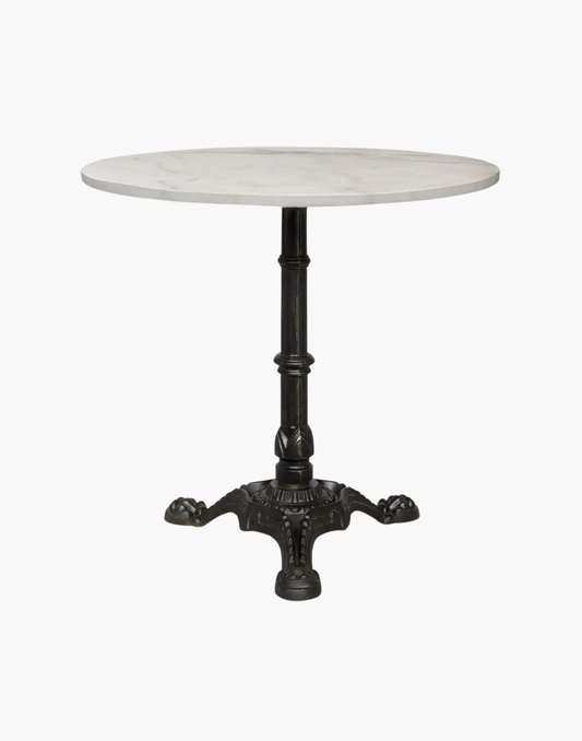 marble café table with round Bianco Crown marble top and black teardrop iron base