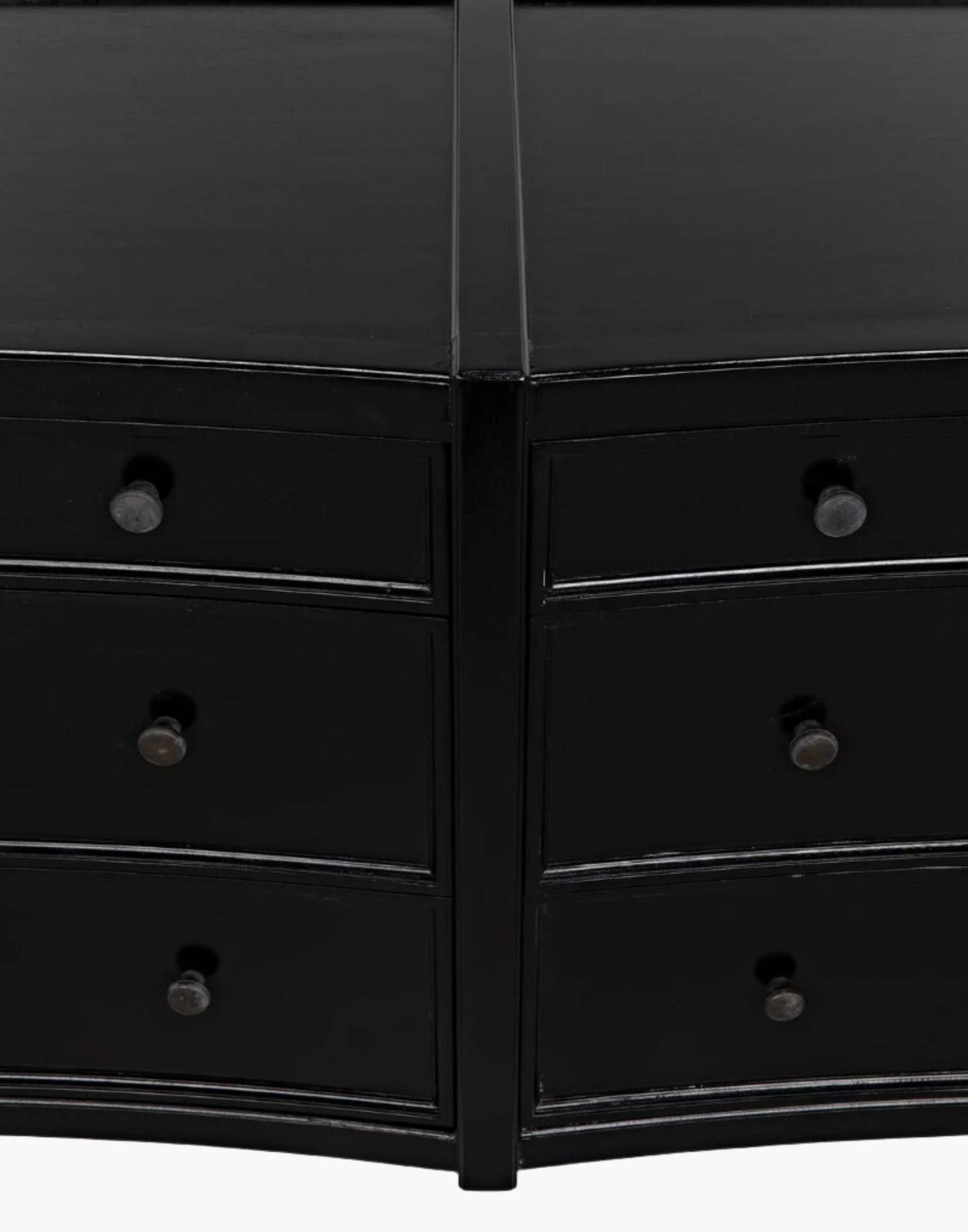 Rustic charcoal Mahogany Wood 6-Drawer dresser with a table top and first drawer curved detail with two brass pulls per drawer