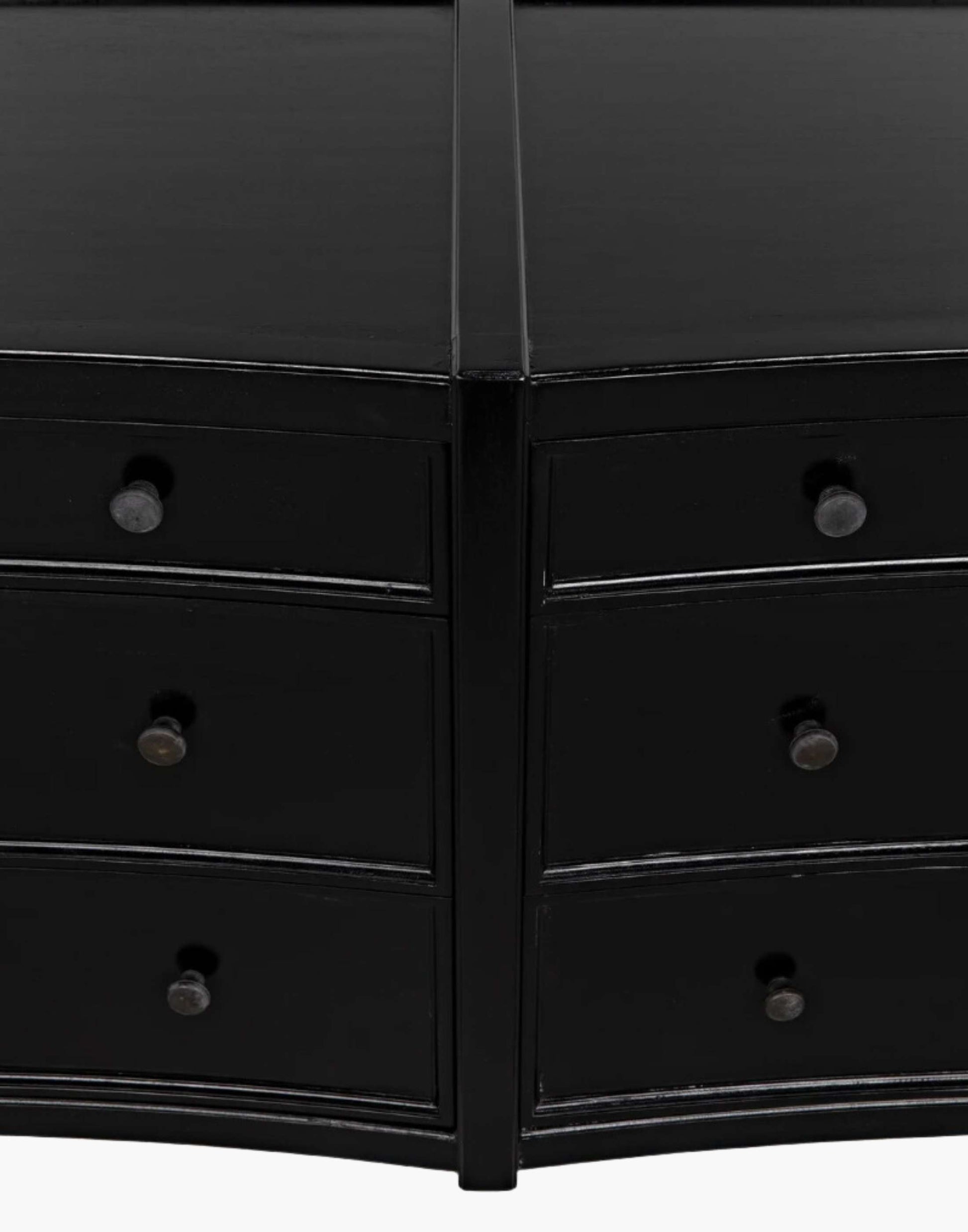 Rustic charcoal Mahogany Wood 6-Drawer dresser with a table top and first drawer curved detail with two brass pulls per drawer