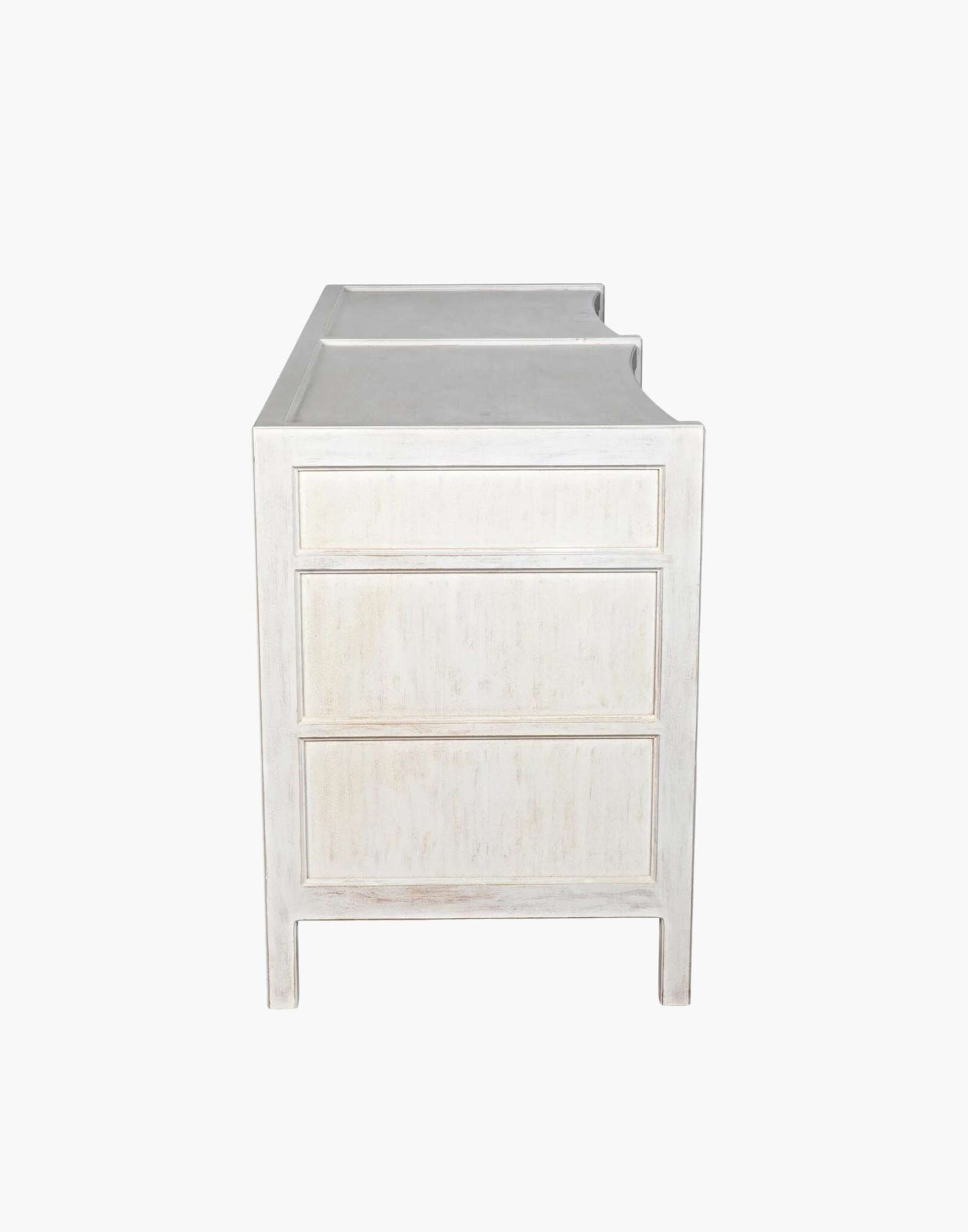 Rustic white wash Mahogany Wood 6-Drawer dresser with a table top and first drawer curved detail with two brass pulls per drawer