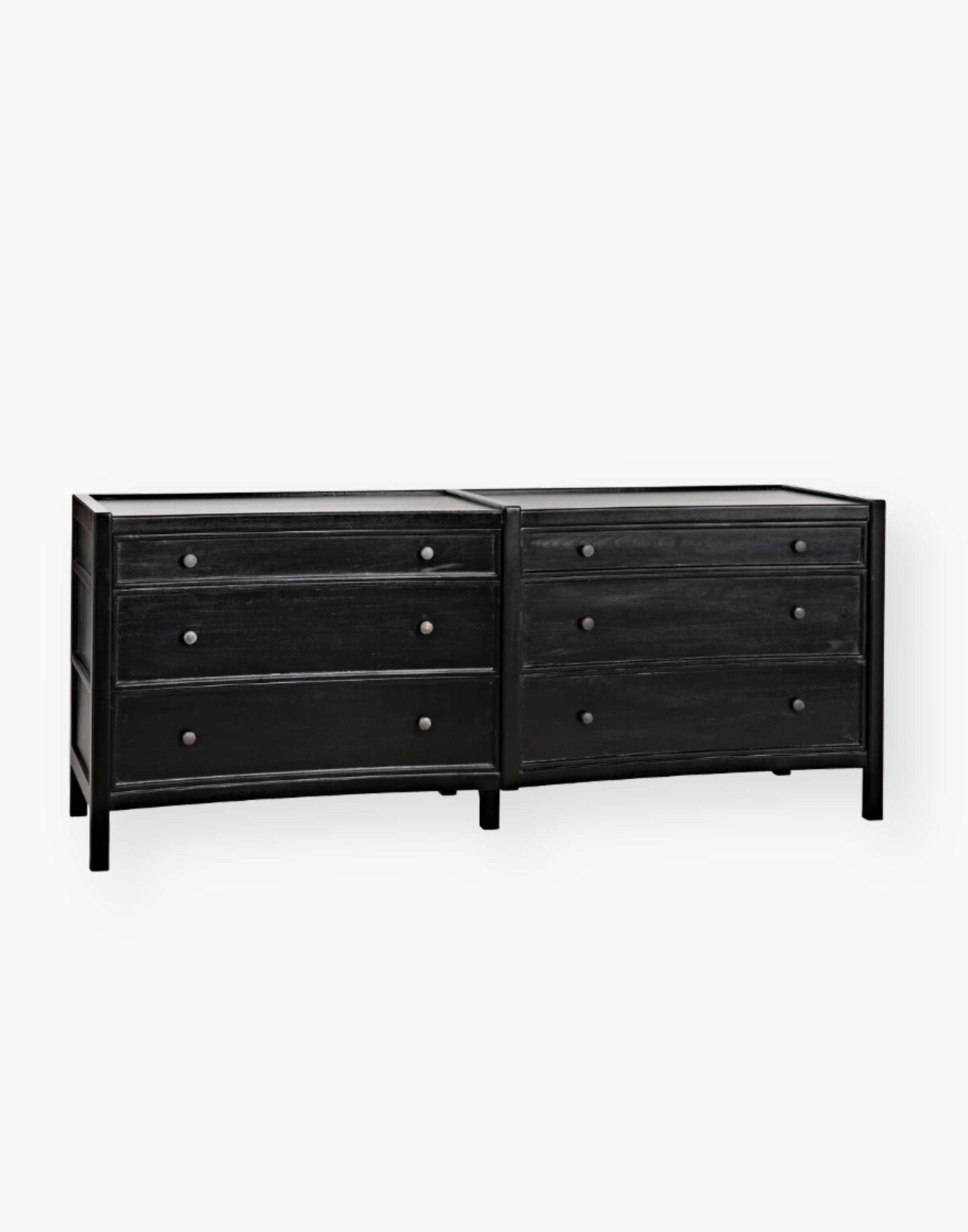 Rustic charcoal Mahogany Wood 6-Drawer dresser with a table top and first drawer curved detail with two brass pulls per drawer