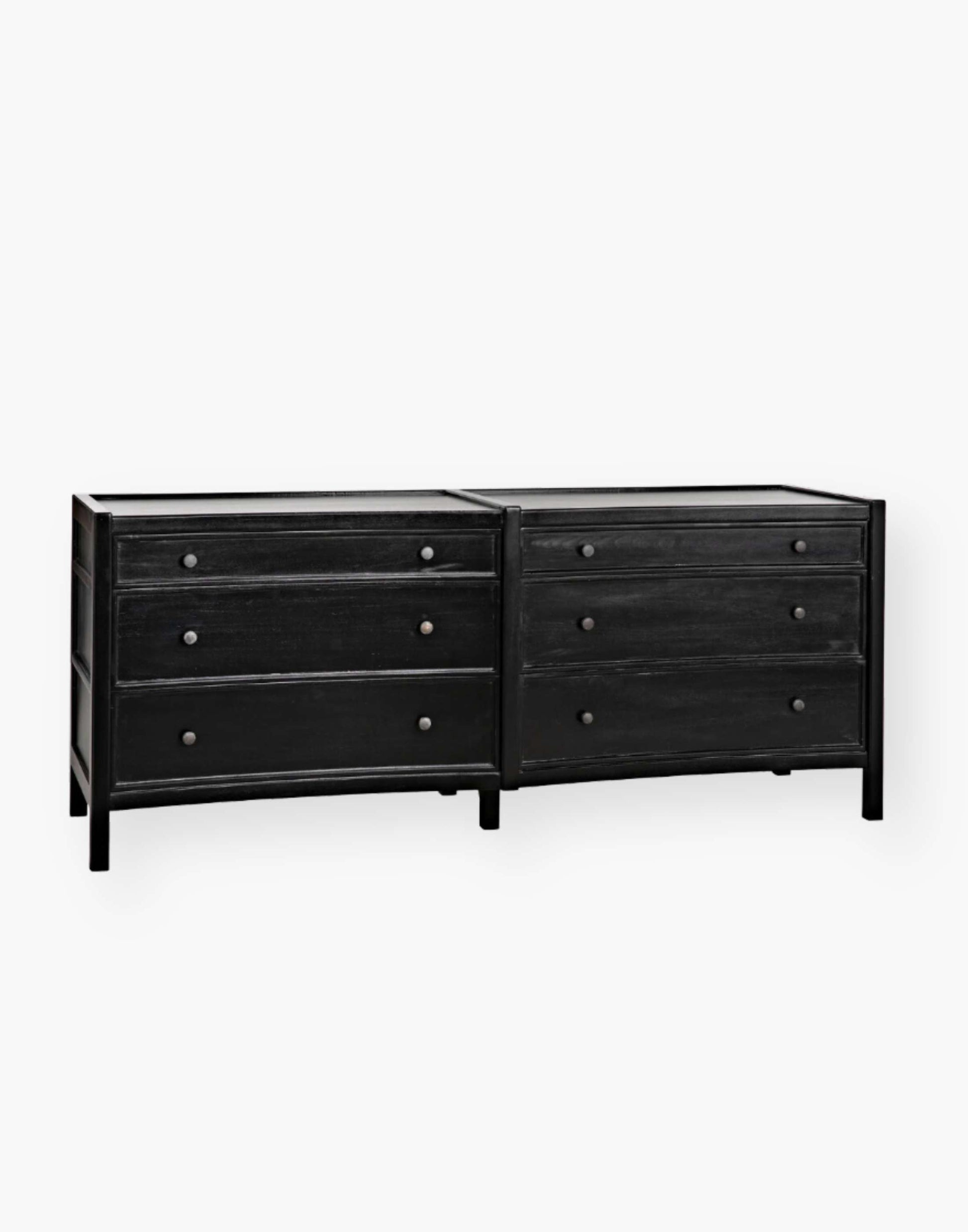 Rustic charcoal Mahogany Wood 6-Drawer dresser with a table top and first drawer curved detail with two brass pulls per drawer