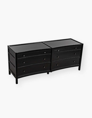 Rustic charcoal Mahogany Wood 6-Drawer dresser with a table top and first drawer curved detail with two brass pulls per drawer