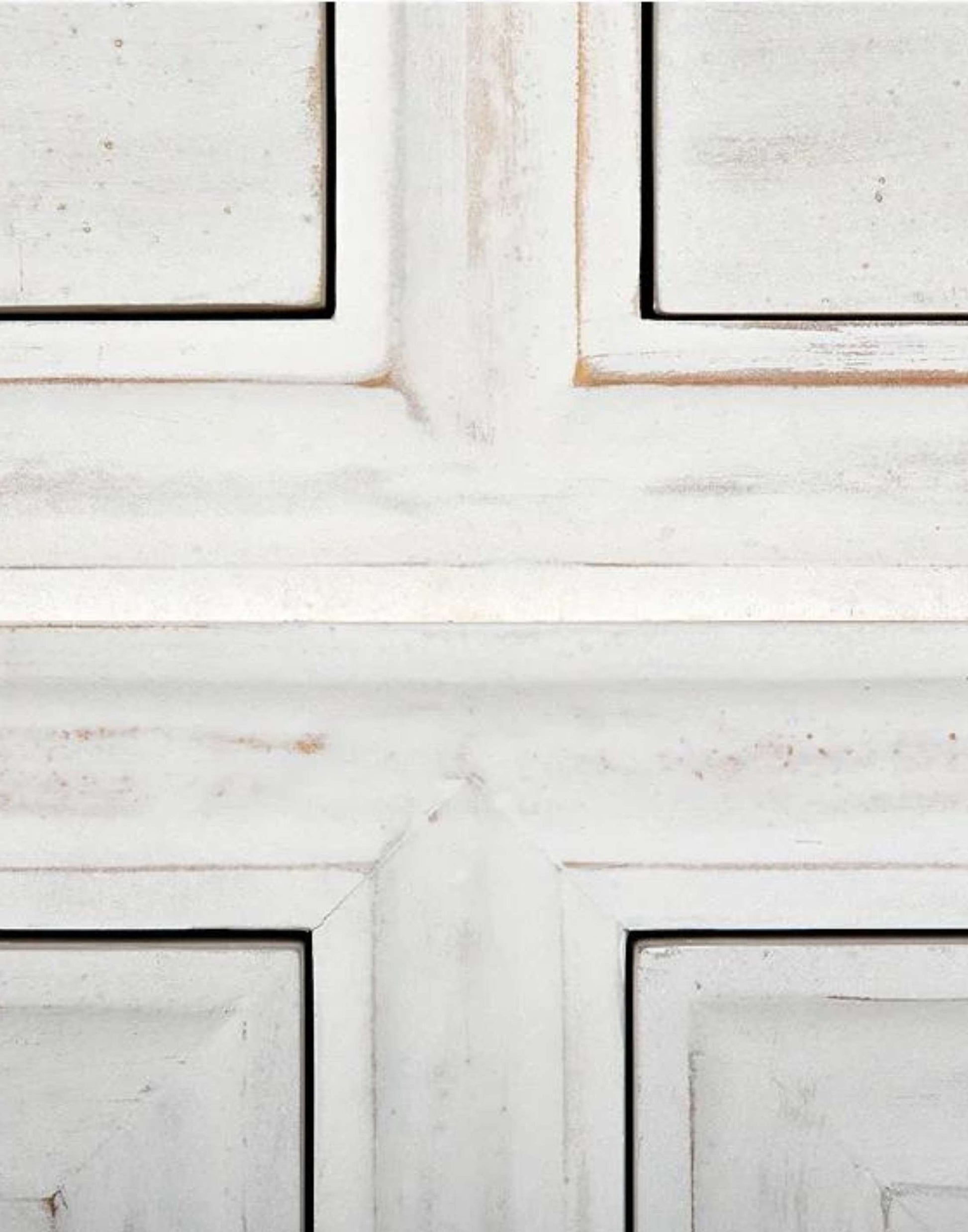Rustic white wash Mahogany Wood 6-Drawer dresser with a table top and first drawer curved detail with two brass pulls per drawer