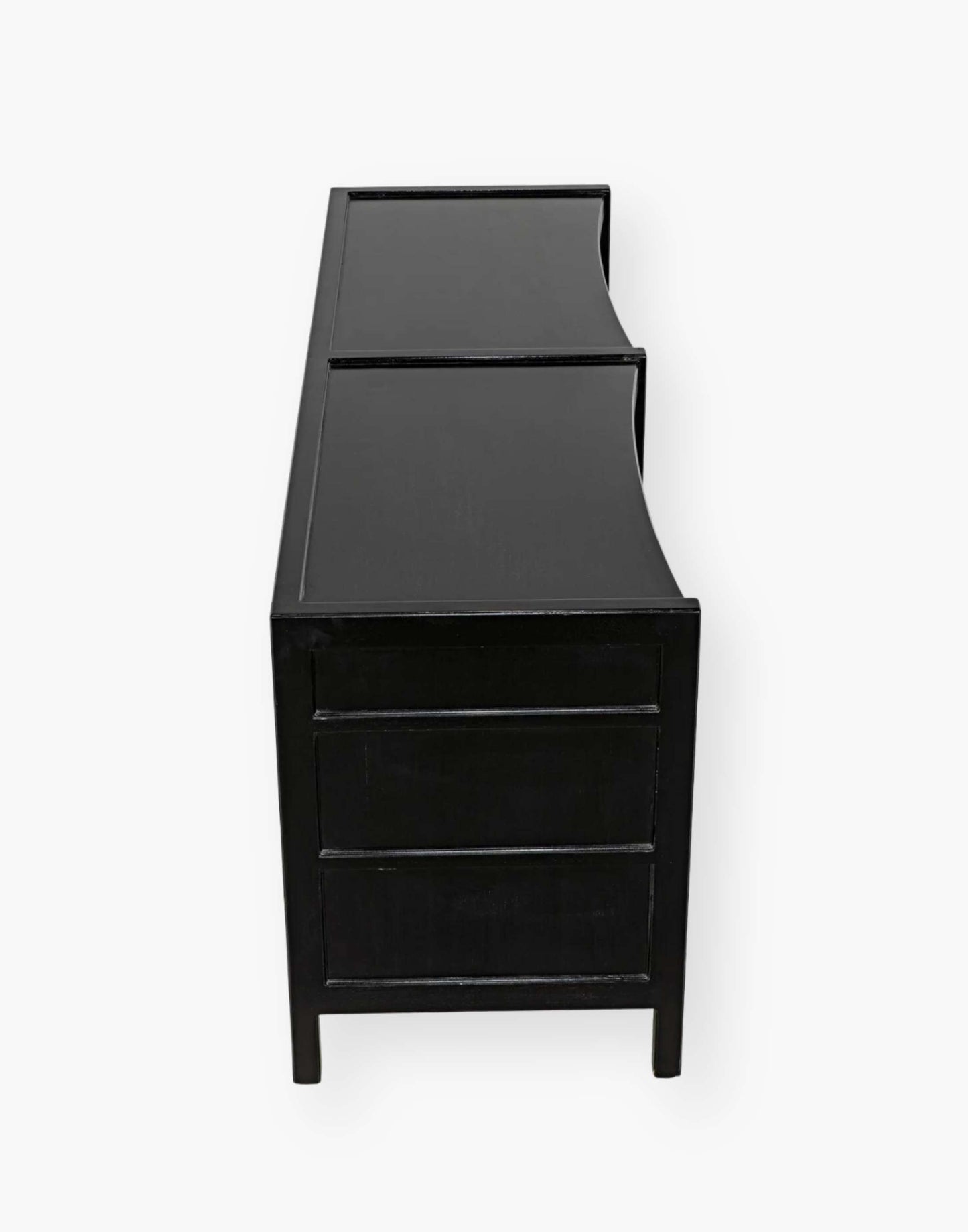 Rustic charcoal Mahogany Wood 6-Drawer dresser with a table top and first drawer curved detail with two brass pulls per drawer