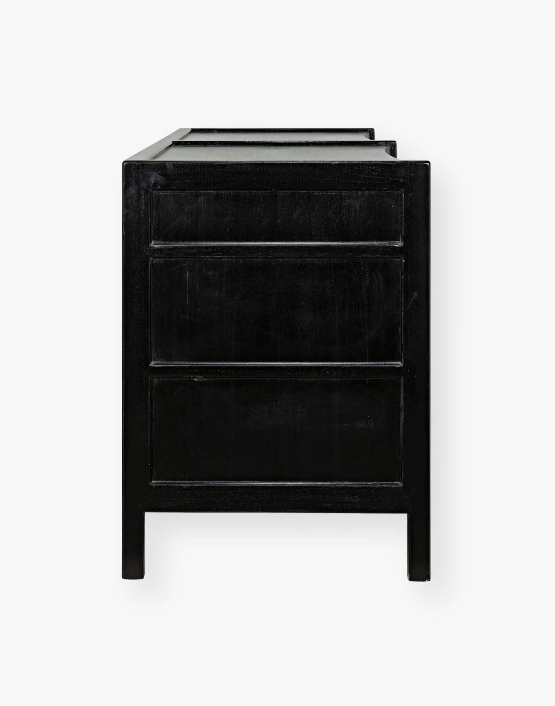 Rustic charcoal Mahogany Wood 6-Drawer dresser with a table top and first drawer curved detail with two brass pulls per drawer
