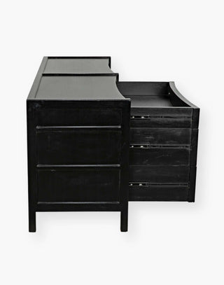Rustic charcoal Mahogany Wood 6-Drawer dresser with a table top and first drawer curved detail with two brass pulls per drawer