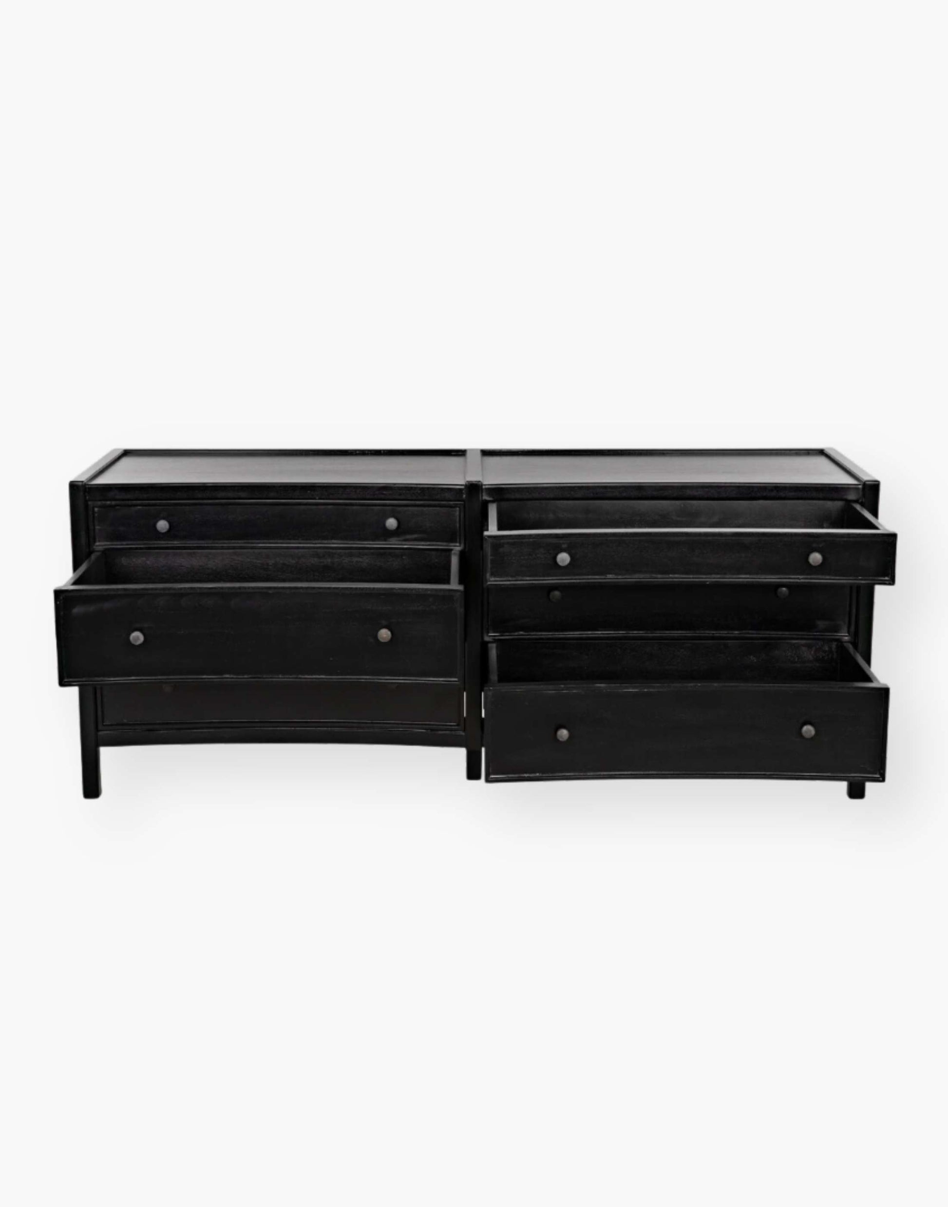 Rustic charcoal Mahogany Wood 6-Drawer dresser with a table top and first drawer curved detail with two brass pulls per drawer