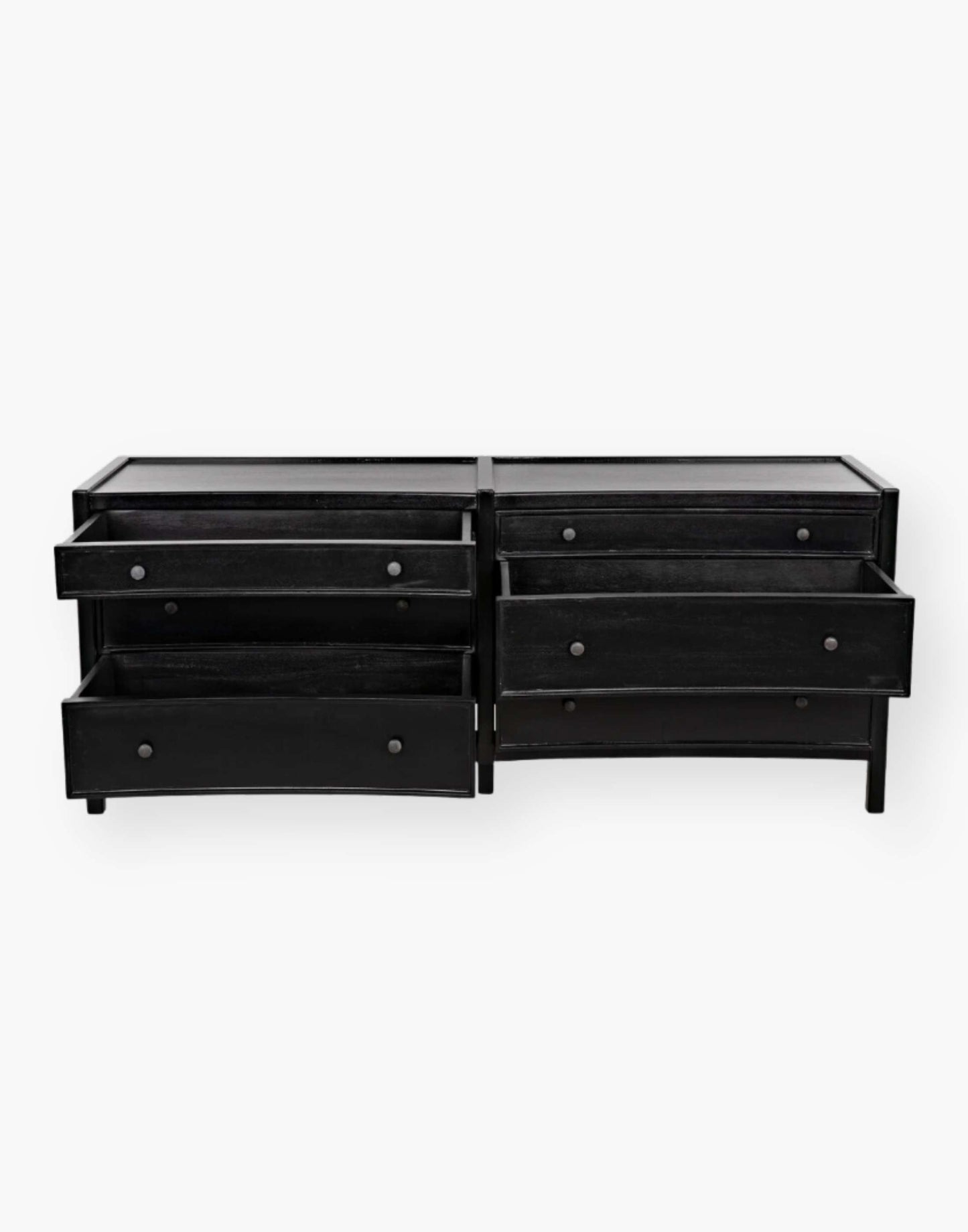 Rustic charcoal Mahogany Wood 6-Drawer dresser with a table top and first drawer curved detail with two brass pulls per drawer