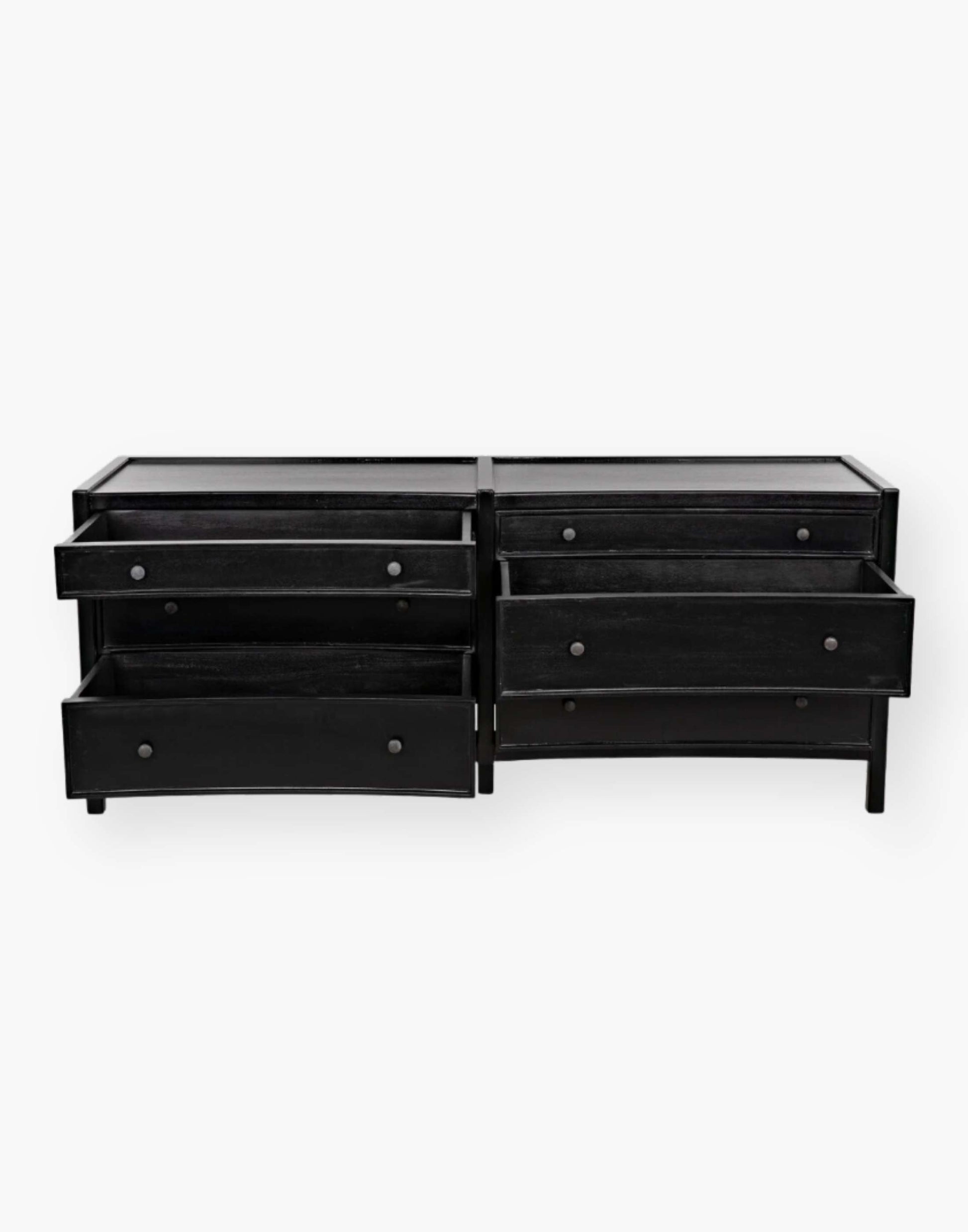 Rustic charcoal Mahogany Wood 6-Drawer dresser with a table top and first drawer curved detail with two brass pulls per drawer