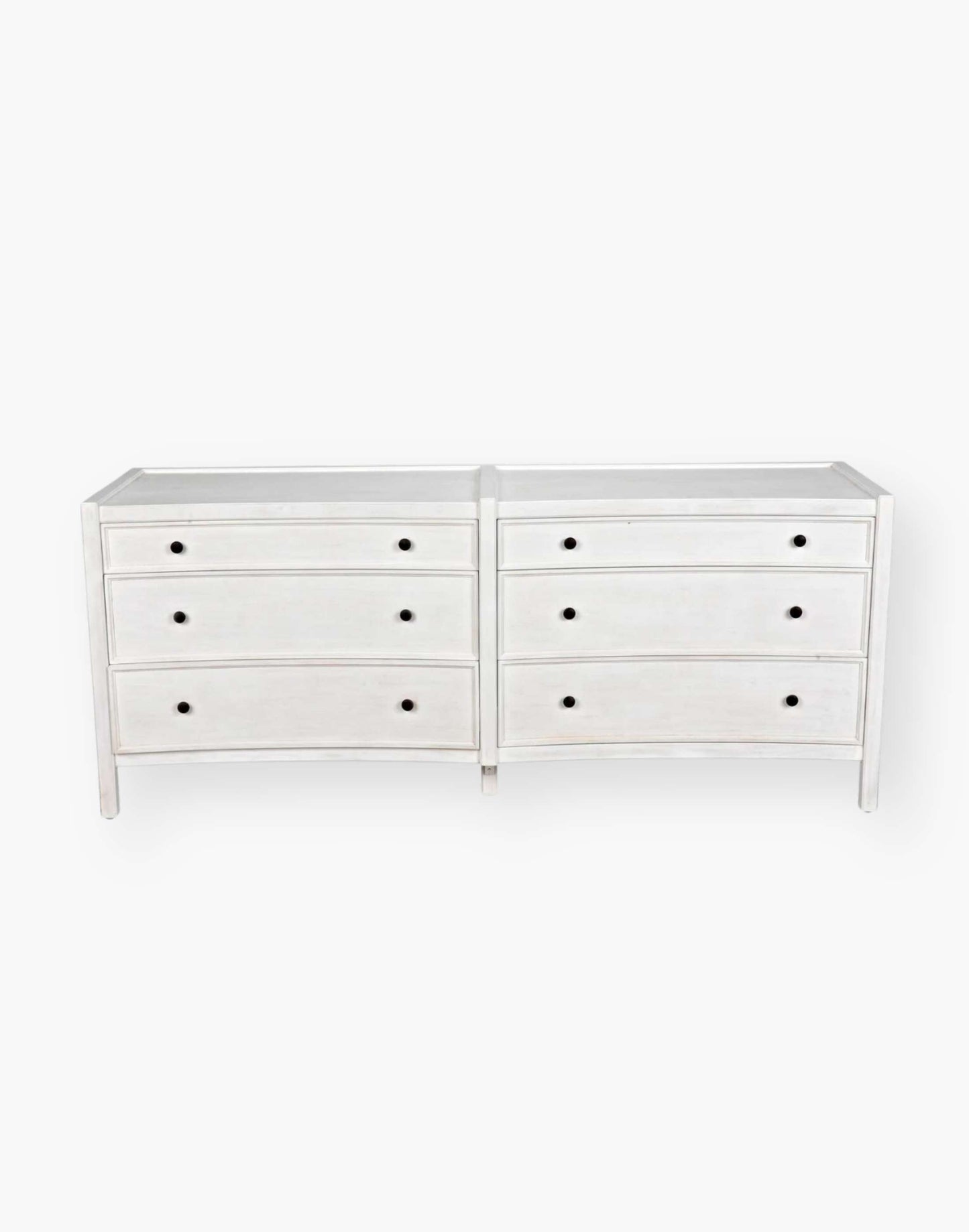 Rustic white wash Mahogany Wood 6-Drawer dresser with a table top and first drawer curved detail with two brass pulls per drawer