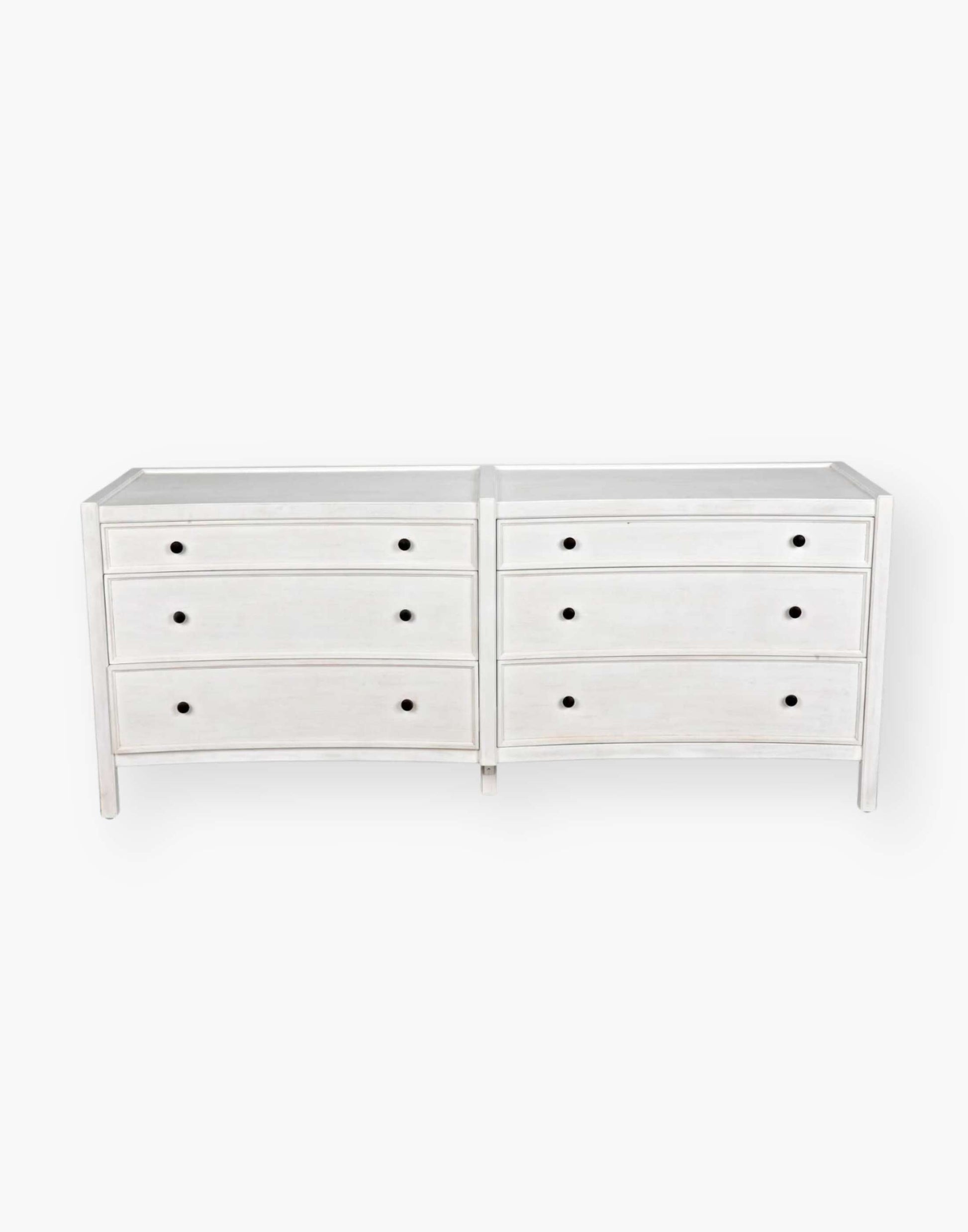 Rustic white wash Mahogany Wood 6-Drawer dresser with a table top and first drawer curved detail with two brass pulls per drawer