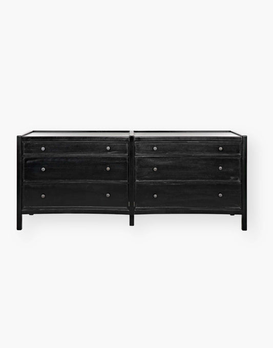 Rustic charcoal Mahogany Wood 6-Drawer dresser with a table top and first drawer curved detail with two brass pulls per drawer