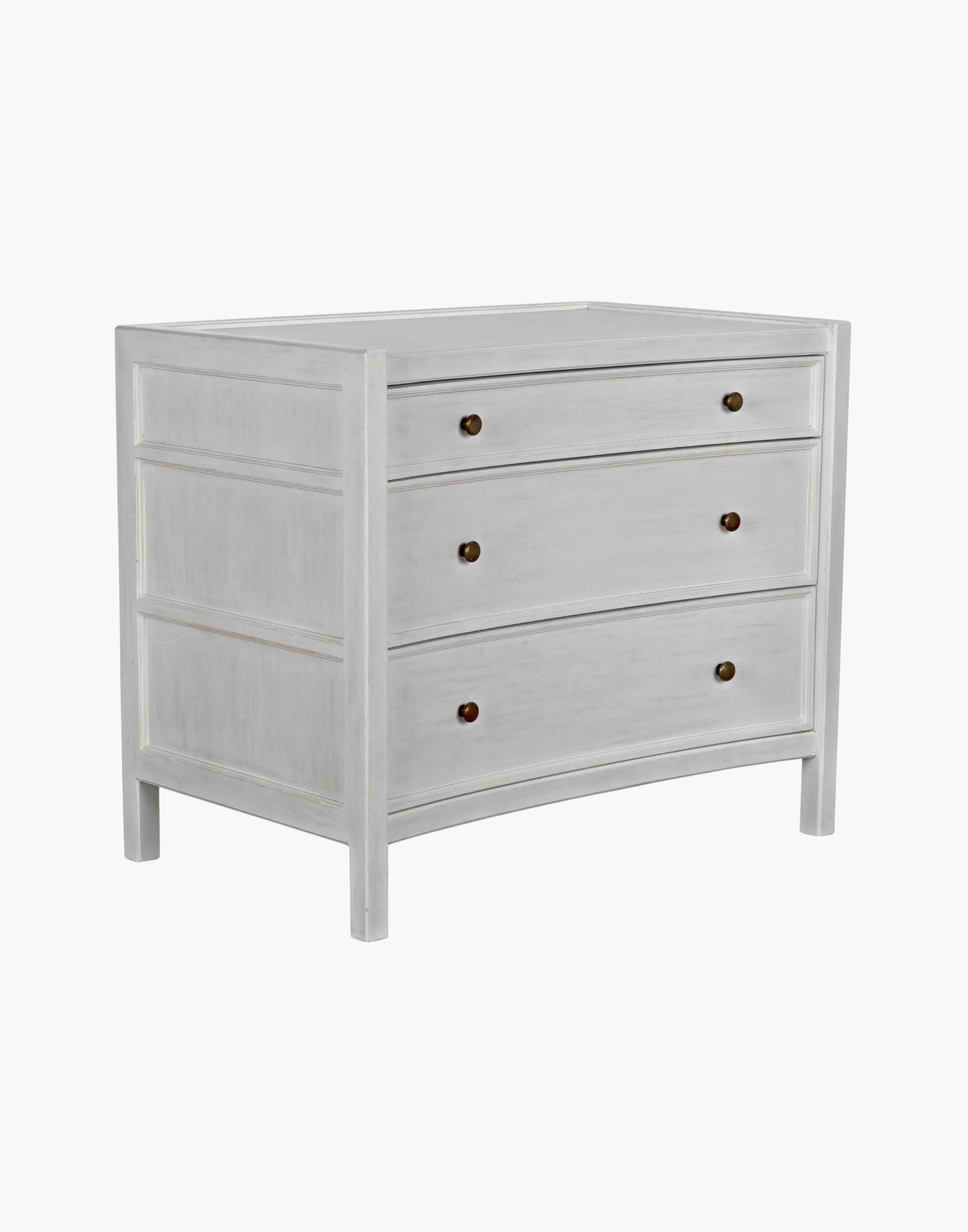Mahogany side table with three drawers and brass pulls, available in white wash or hand rubbed black finish, modern classic design