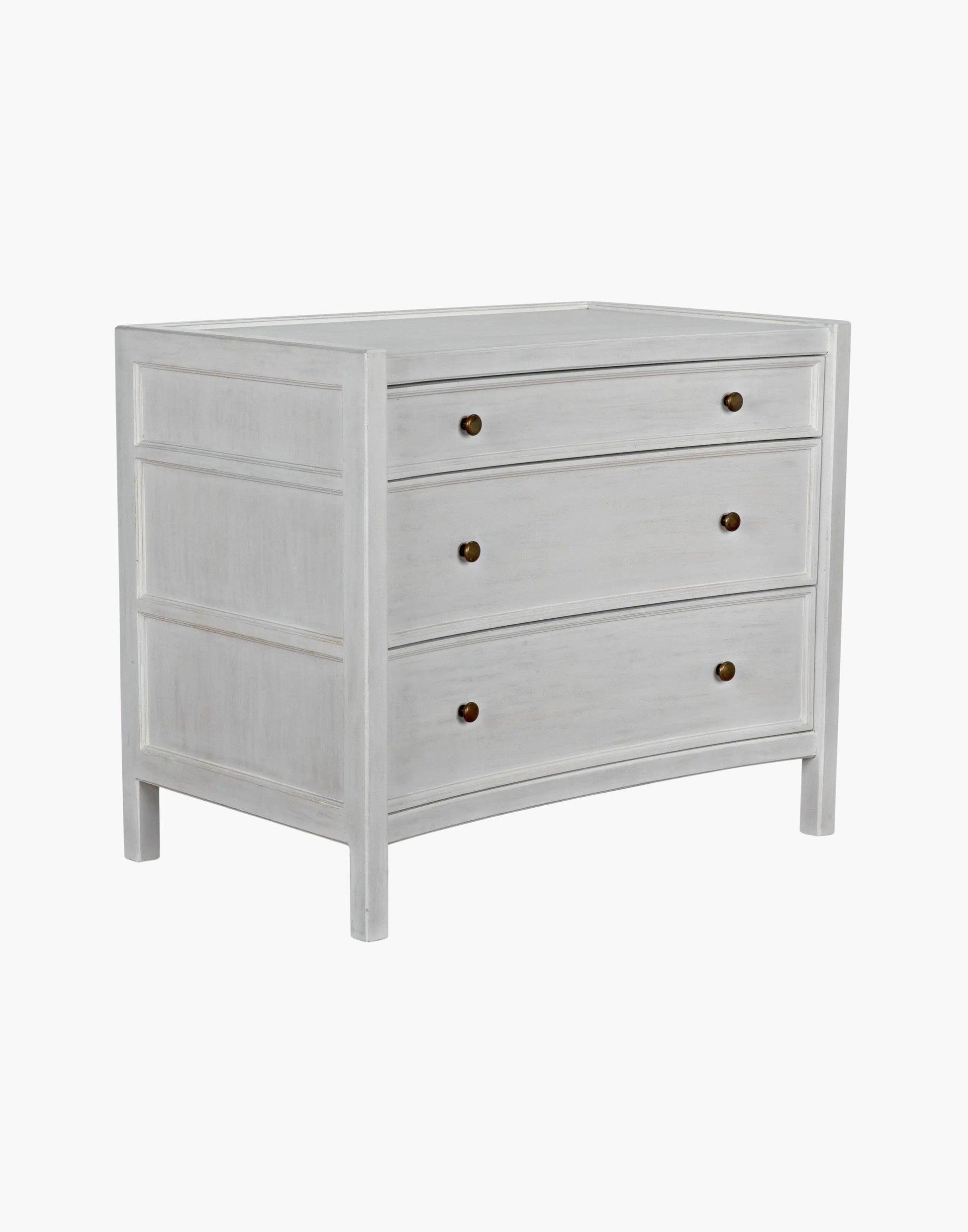 Mahogany side table with three drawers and brass pulls, available in white wash or hand rubbed black finish, modern classic design
