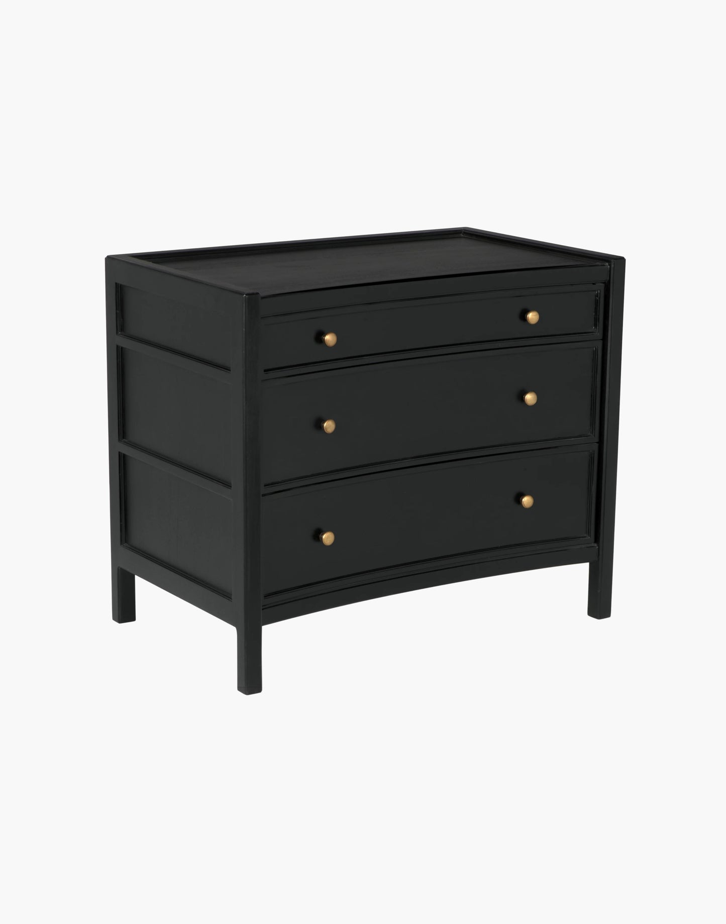 Mahogany side table with three drawers and brass pulls, available in white wash or hand rubbed black finish, modern classic design