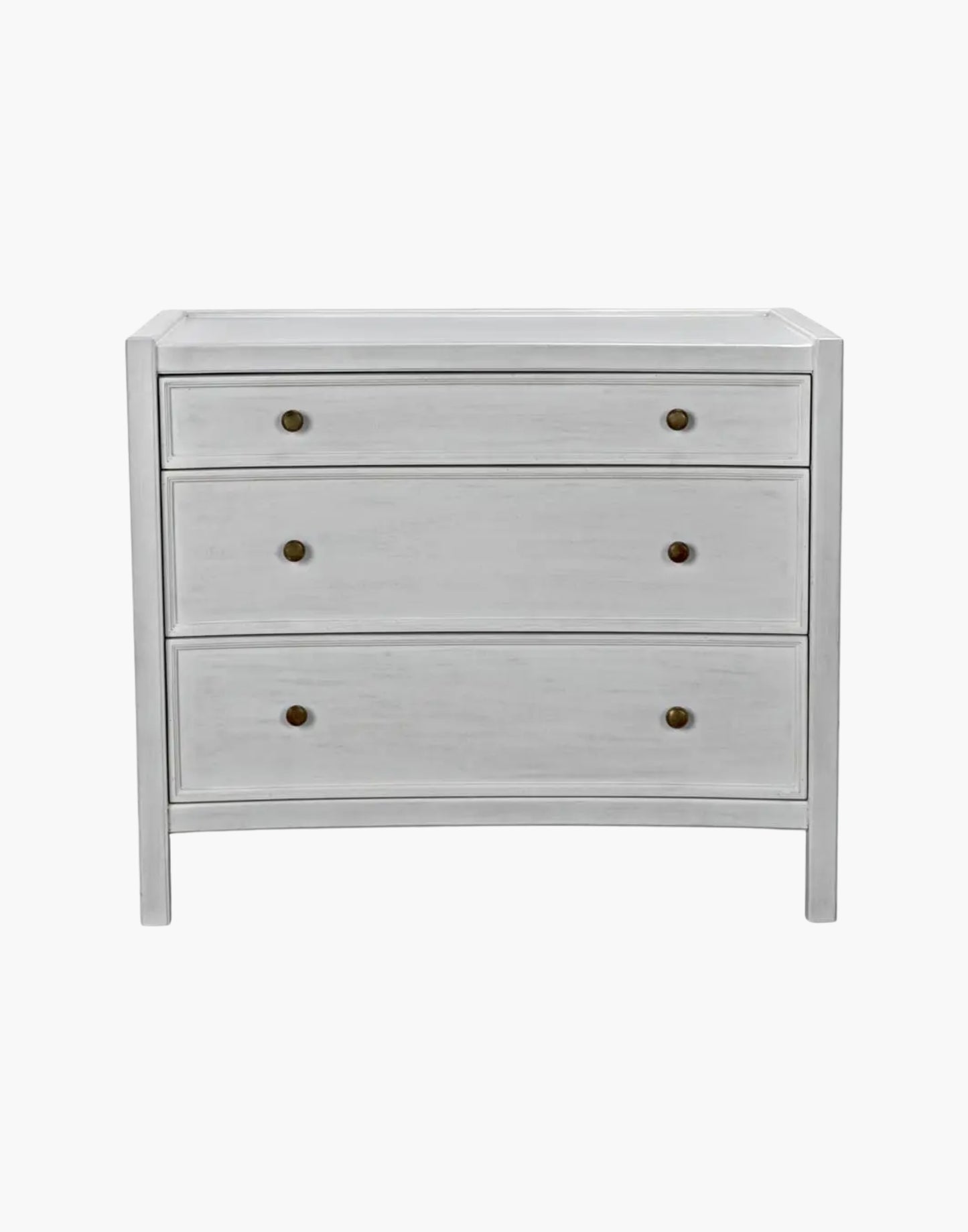 Mahogany side table with three drawers and brass pulls, available in white wash or hand rubbed black finish, modern classic design