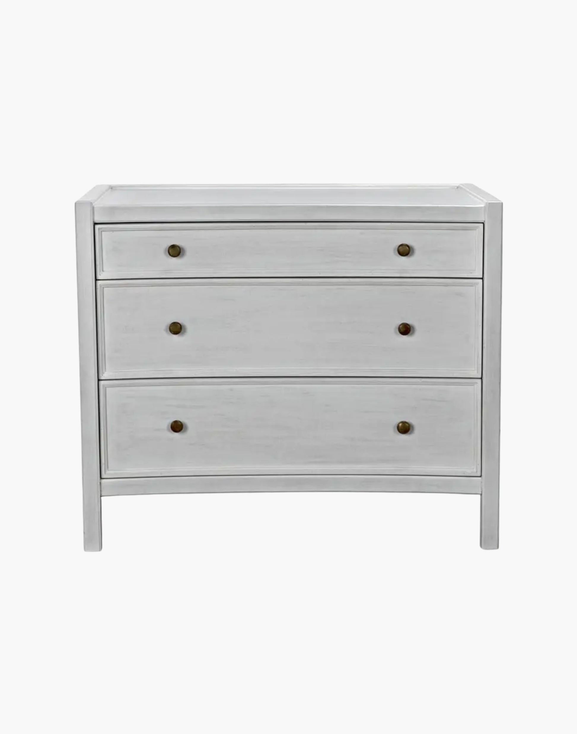 Mahogany side table with three drawers and brass pulls, available in white wash or hand rubbed black finish, modern classic design