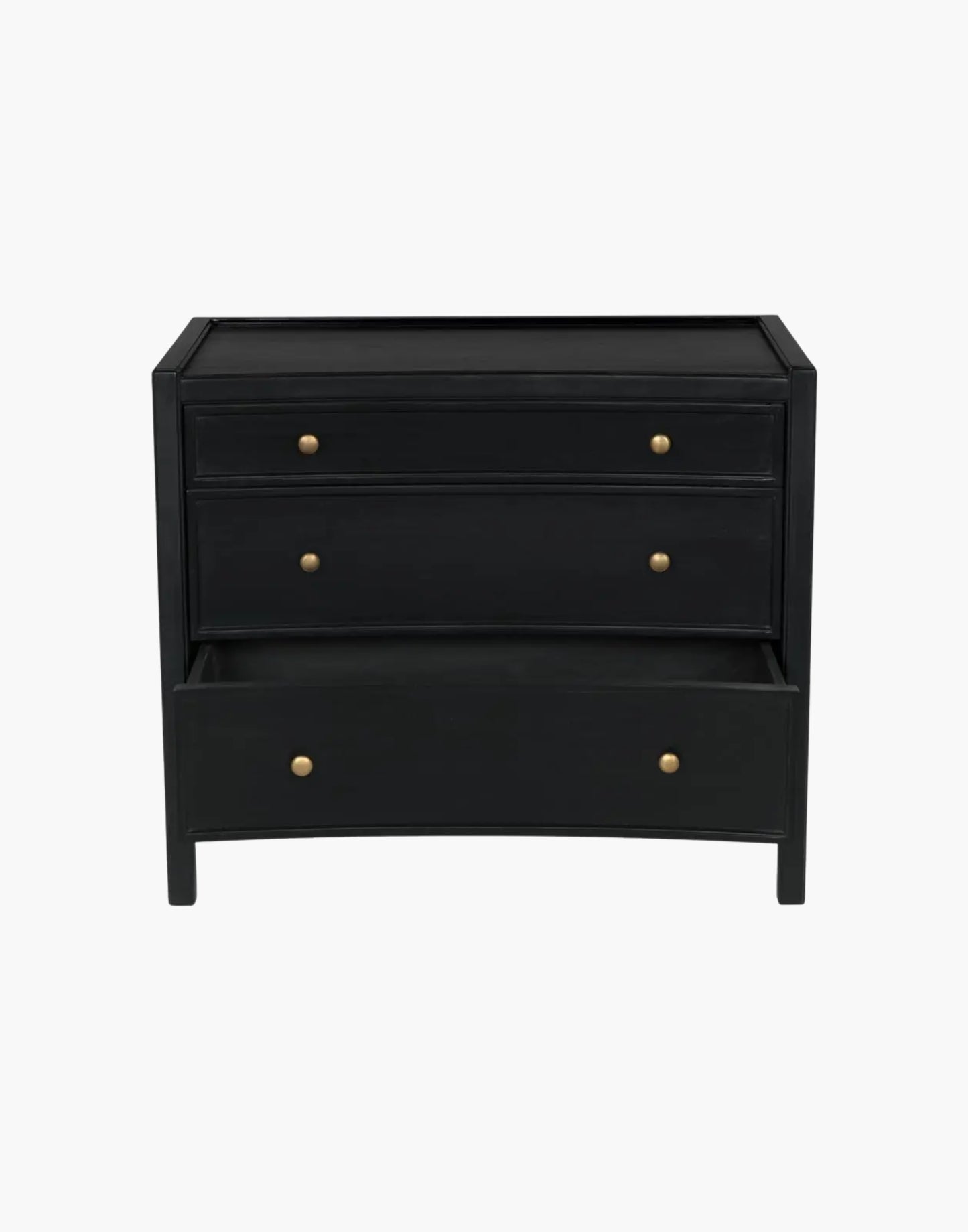 Mahogany side table with three drawers and brass pulls, available in white wash or hand rubbed black finish, modern classic design