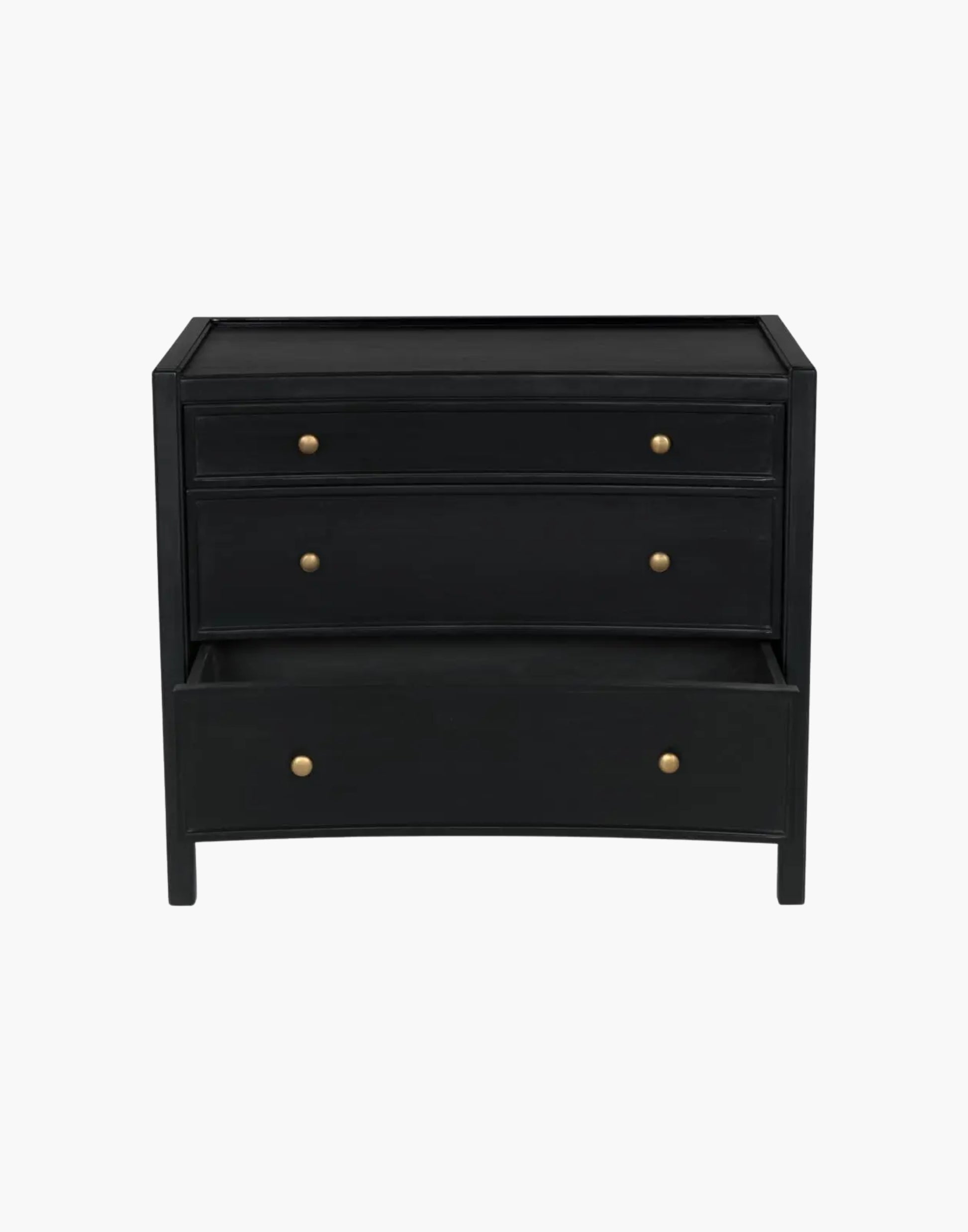 Mahogany side table with three drawers and brass pulls, available in white wash or hand rubbed black finish, modern classic design