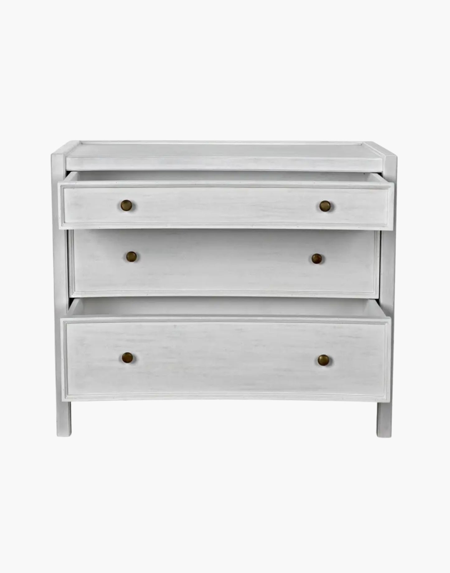 Mahogany side table with three drawers and brass pulls, available in white wash or hand rubbed black finish, modern classic design