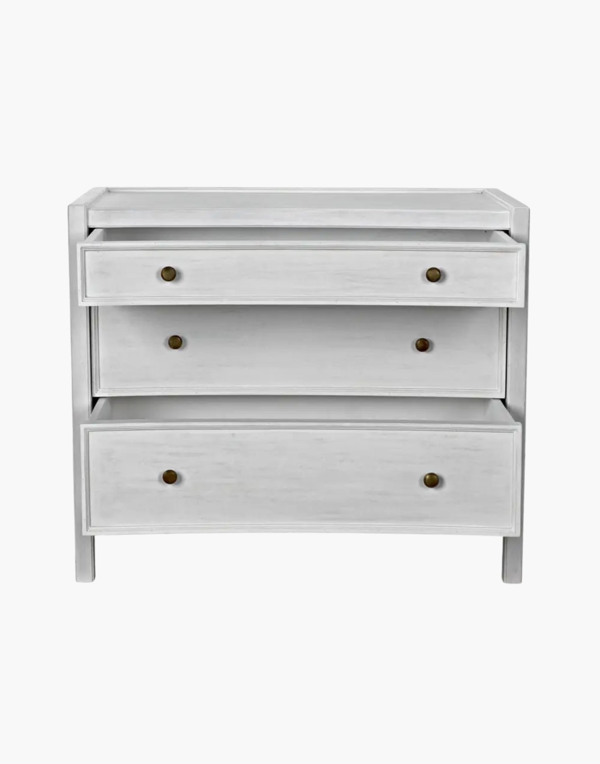 Mahogany side table with three drawers and brass pulls, available in white wash or hand rubbed black finish, modern classic design