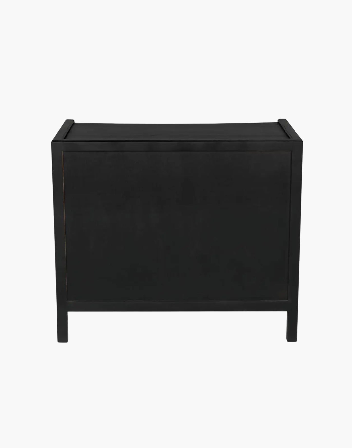 Mahogany side table with three drawers and brass pulls, available in white wash or hand rubbed black finish, modern classic design