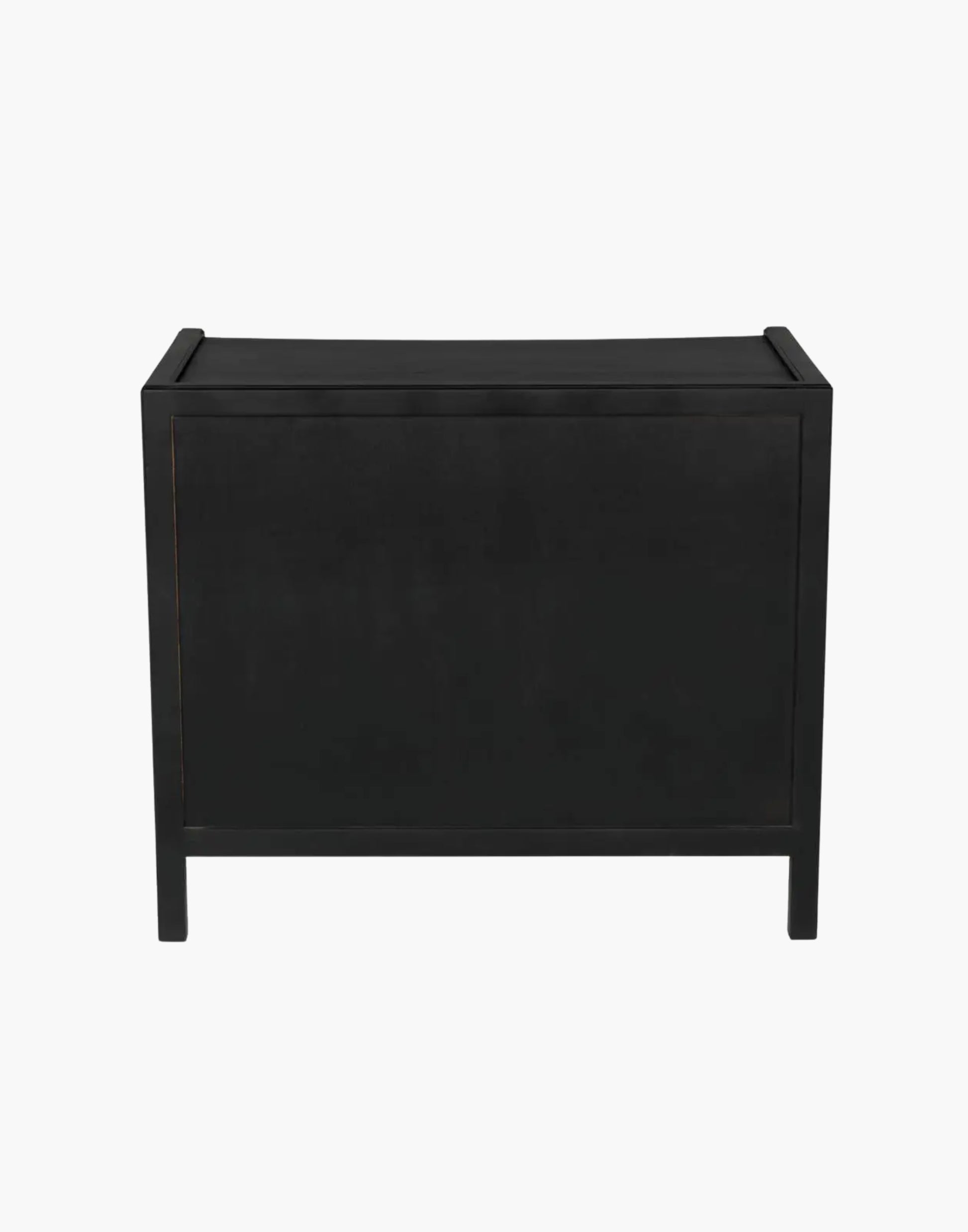 Mahogany side table with three drawers and brass pulls, available in white wash or hand rubbed black finish, modern classic design