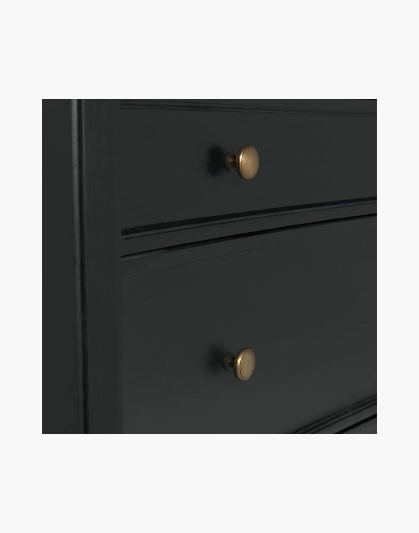 Mahogany side table with three drawers and brass pulls, available in white wash or hand rubbed black finish, modern classic design
