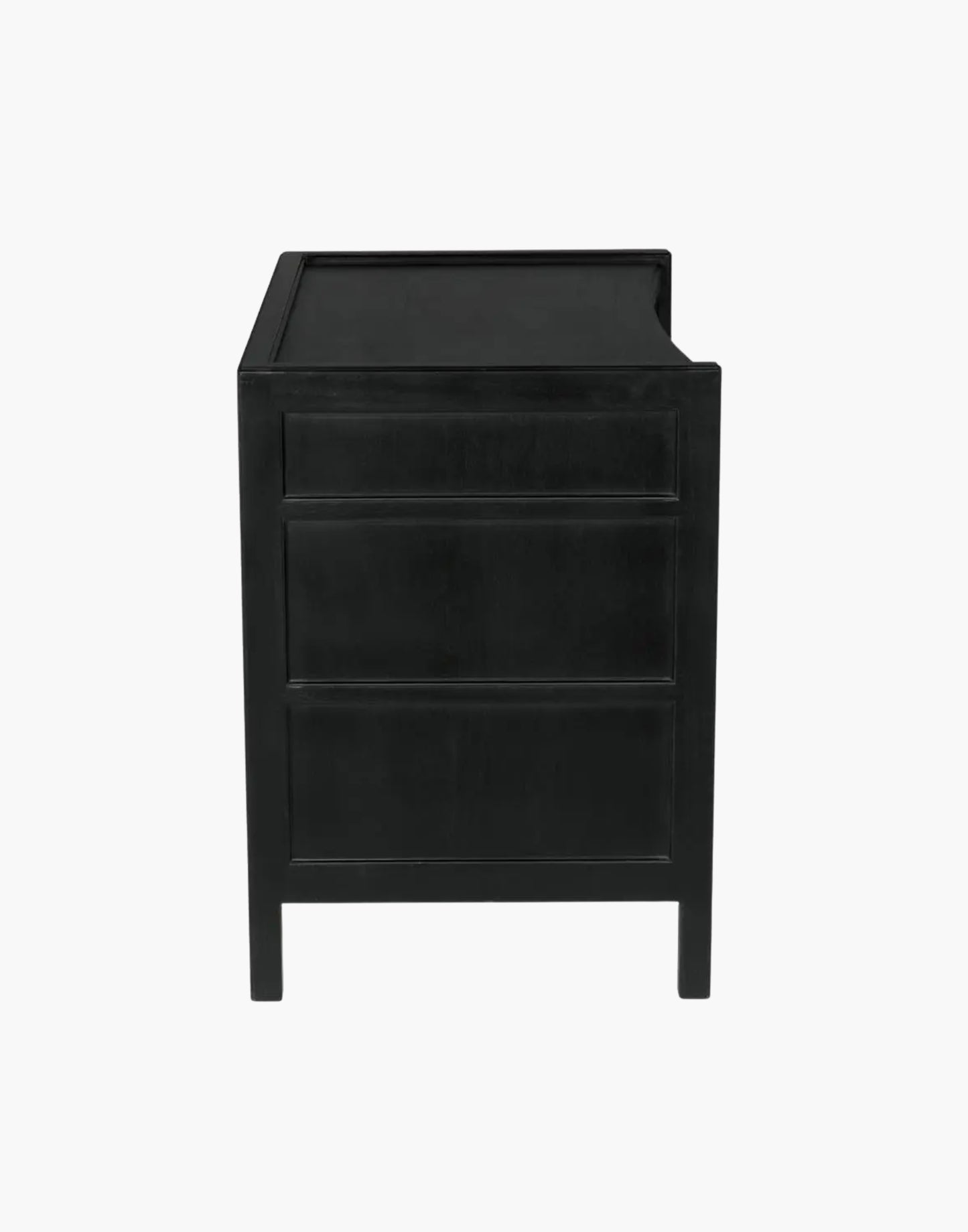 Mahogany side table with three drawers and brass pulls, available in white wash or hand rubbed black finish, modern classic design