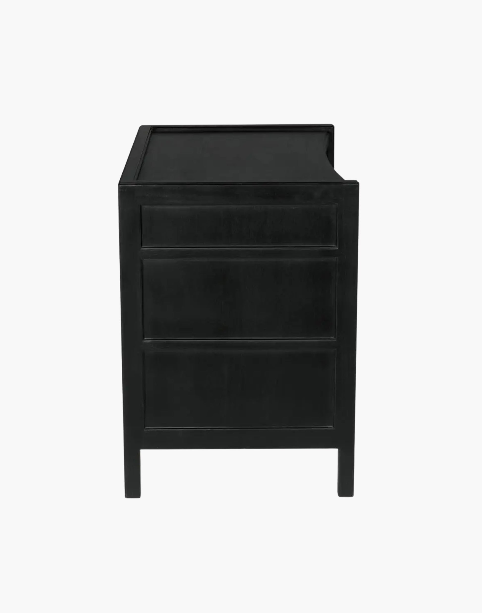 Mahogany side table with three drawers and brass pulls, available in white wash or hand rubbed black finish, modern classic design